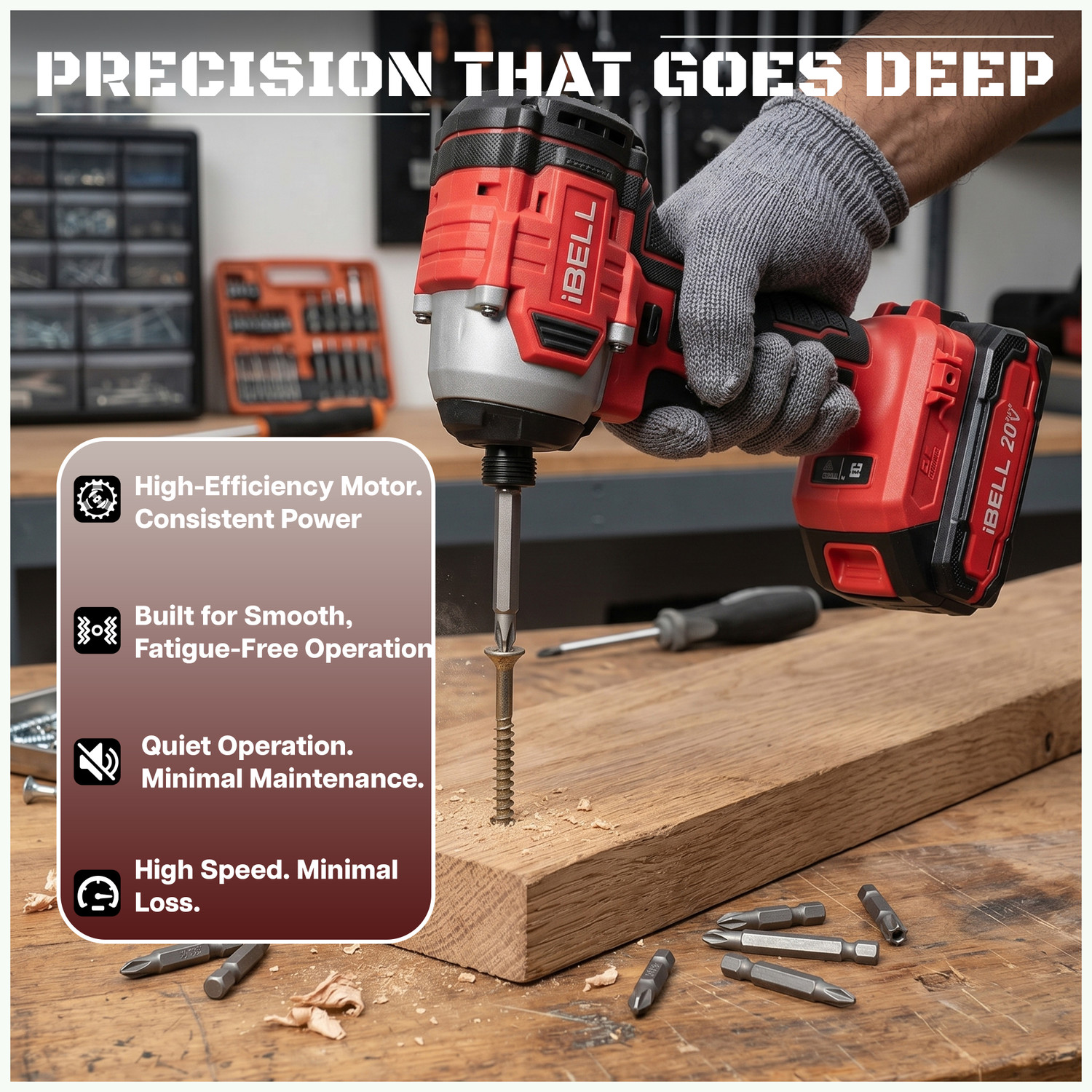 Image of iBELL IBL BD20-22 20V Brushless Cordless Impact Screwdriver Impact Driver, 220Nm High Torque, 3-Speed Control, 2 Mode Impact Driver, 1 /4 inch Hex Chuck, Professional Cordless Drill