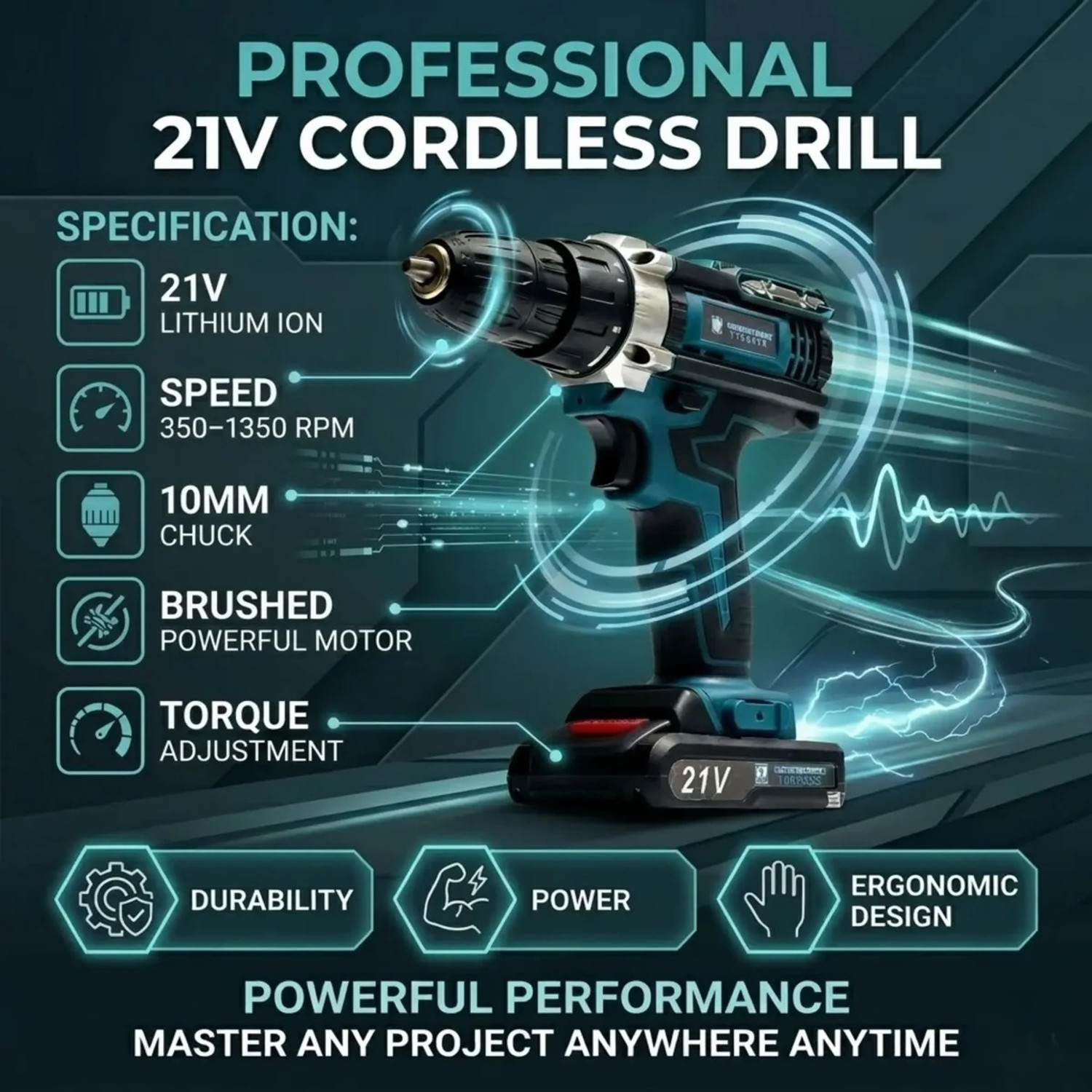 Image of NTH THOR 21V Cordless Drill Machine Kit with 10mm Chuck,350-1350 RPM Variable Speed, 2X21v Batteries With 25Pcs of Accessories for Home, DIY, Furniture Assembly, Cordless Drill