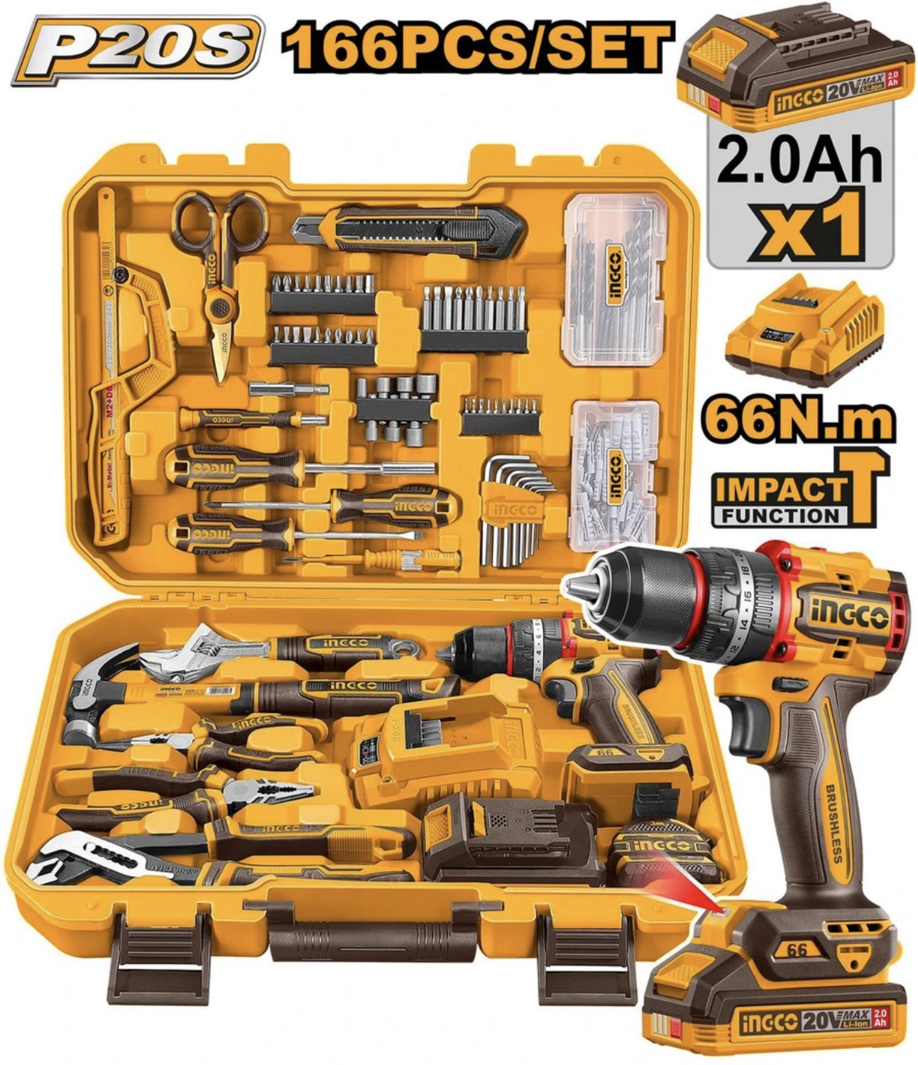 Image of INGCO HKTPH41662 BRUSHLESS POWER TOOL KIT 20V 66NM IMPACT DRILL WITH 166PCS TOOLS Cordless Drill