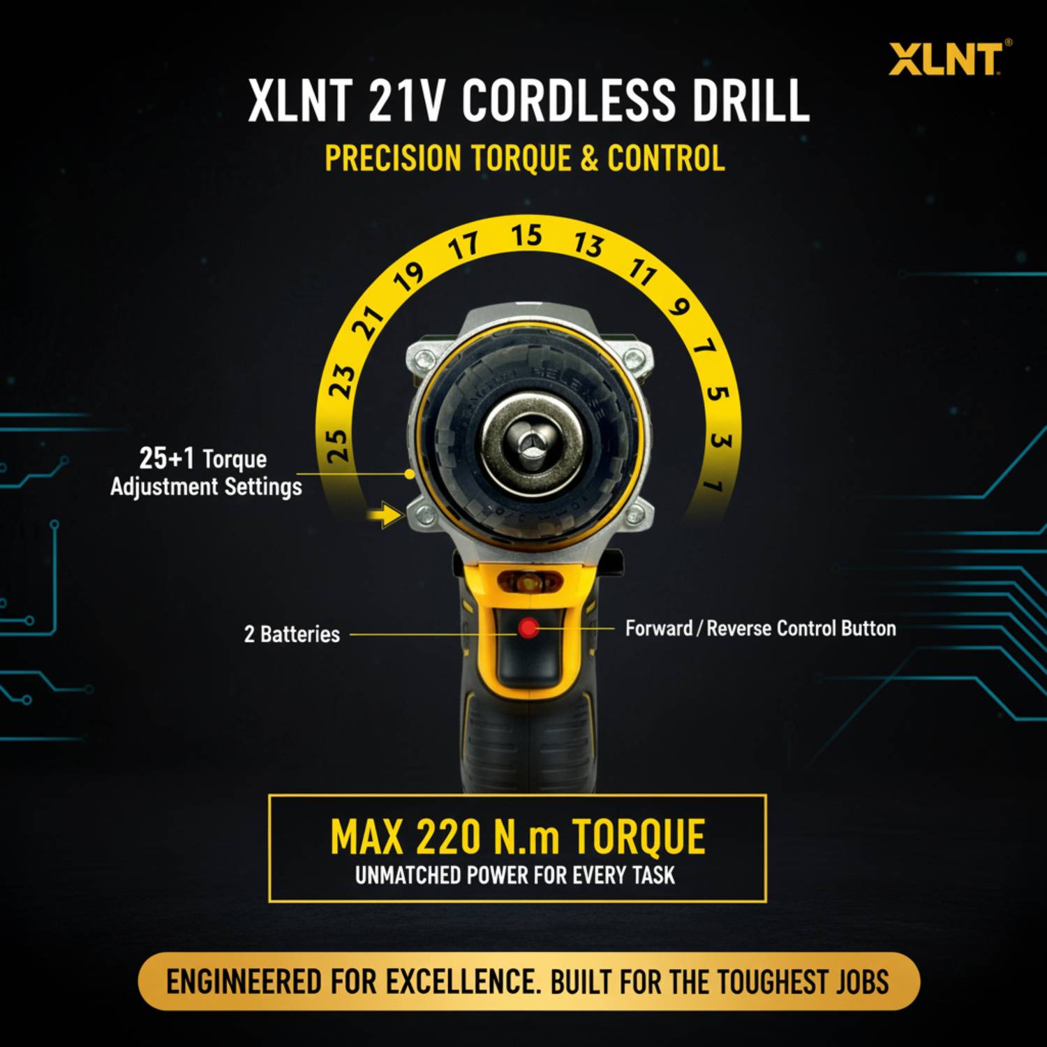 XLNT 21v Cordless Drill Machine, 2 Batteries, Drill Bits, Fast Charger - Image 3
