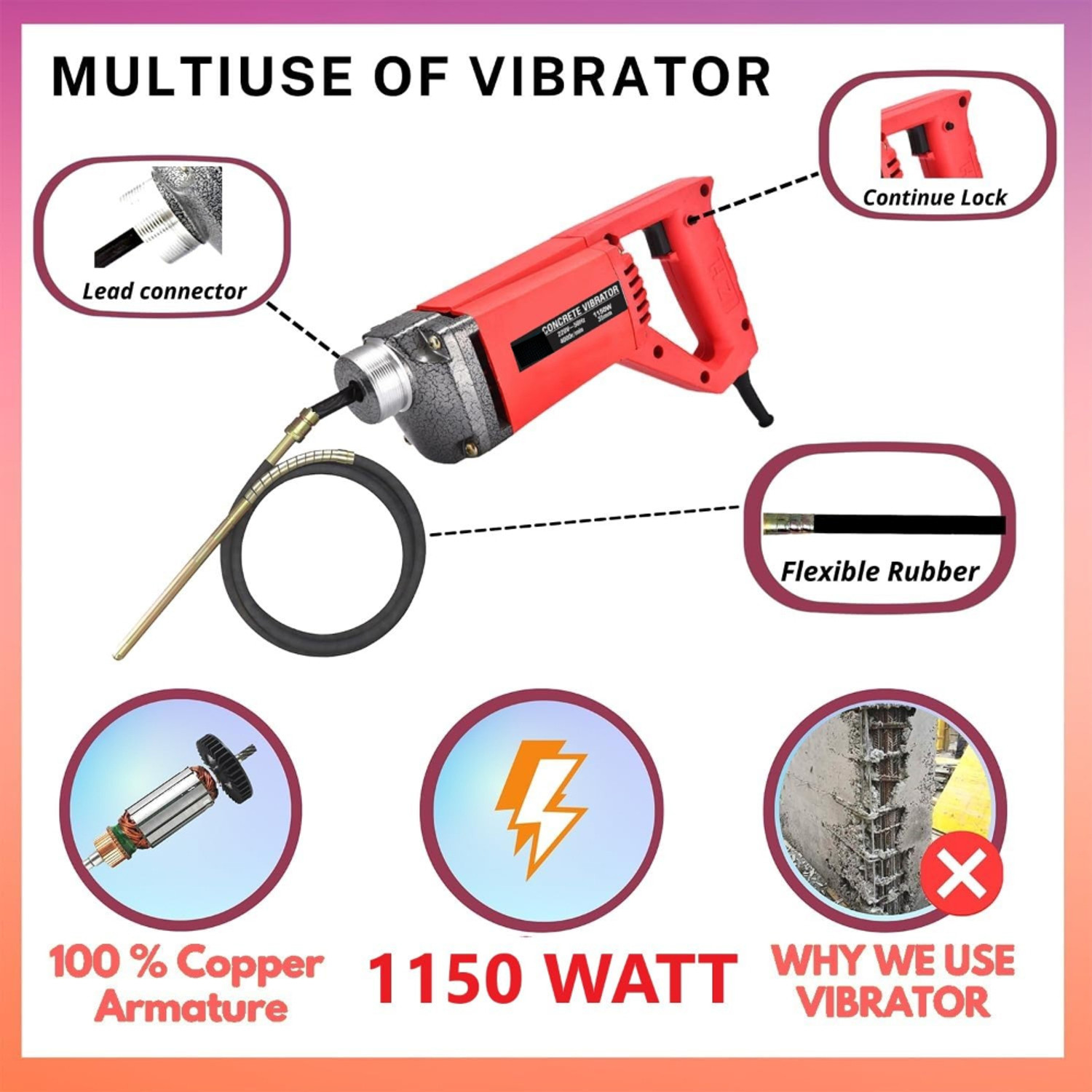 Image of RanPra CONCERETE VIBRATOR MACHINE WITH 1.5 M LEAD HEAVY DUTY WITH SAFETY GLOVES 680WATT Pistol Grip Drill