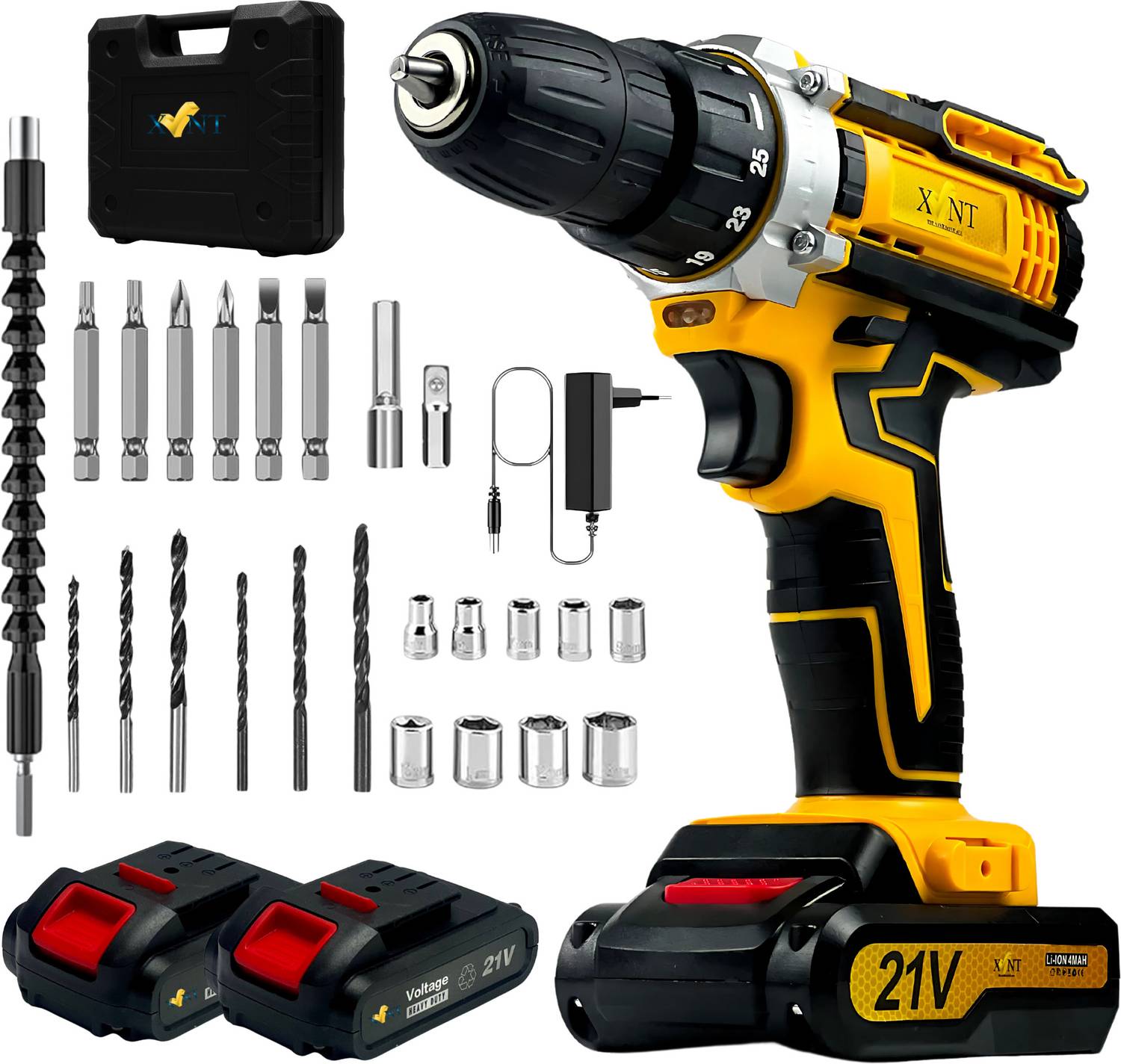 XLNT 21V Cordless Drill with 2 Batteries & Bits