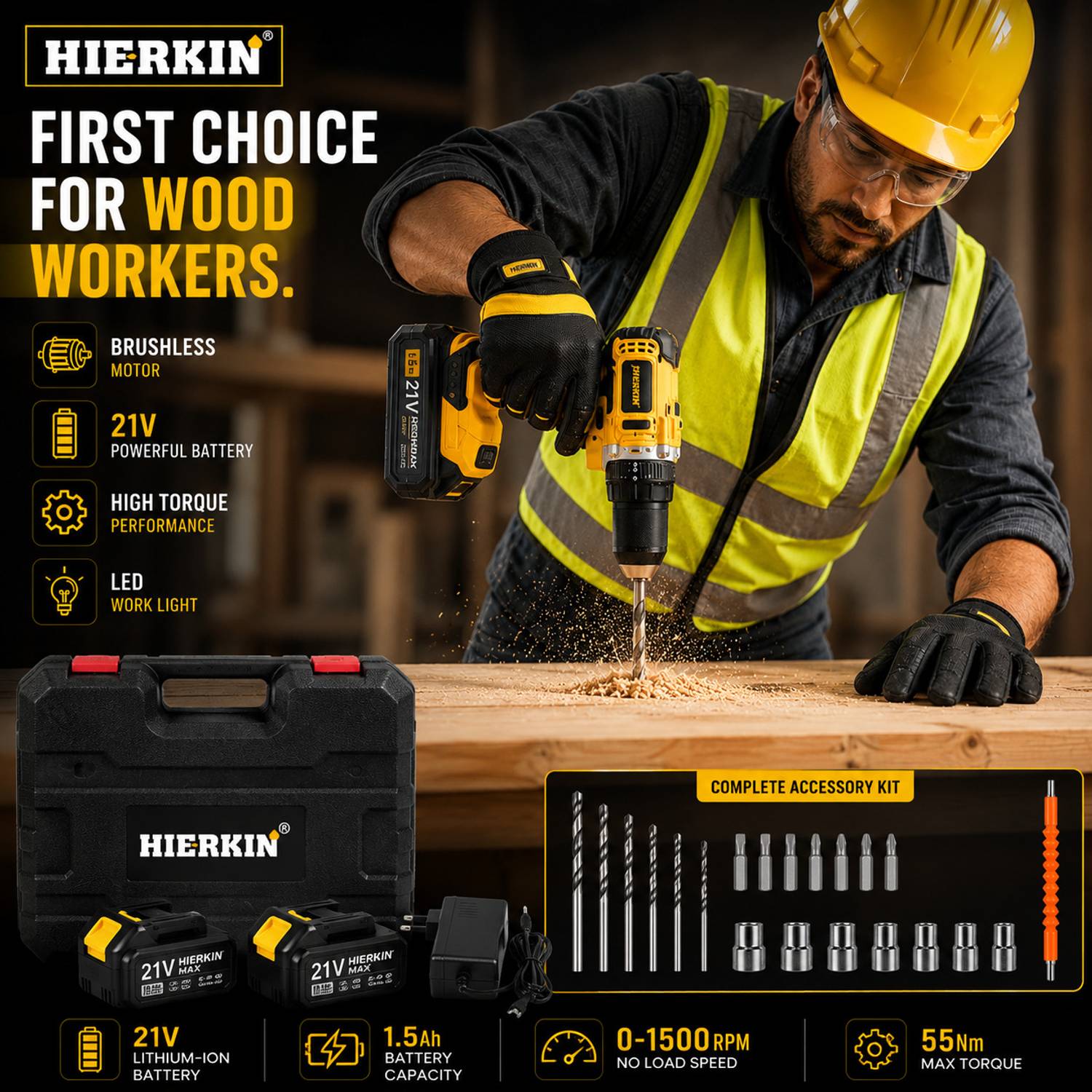 HIERKIN 21V Cordless Drill Driver Kit - Image 4