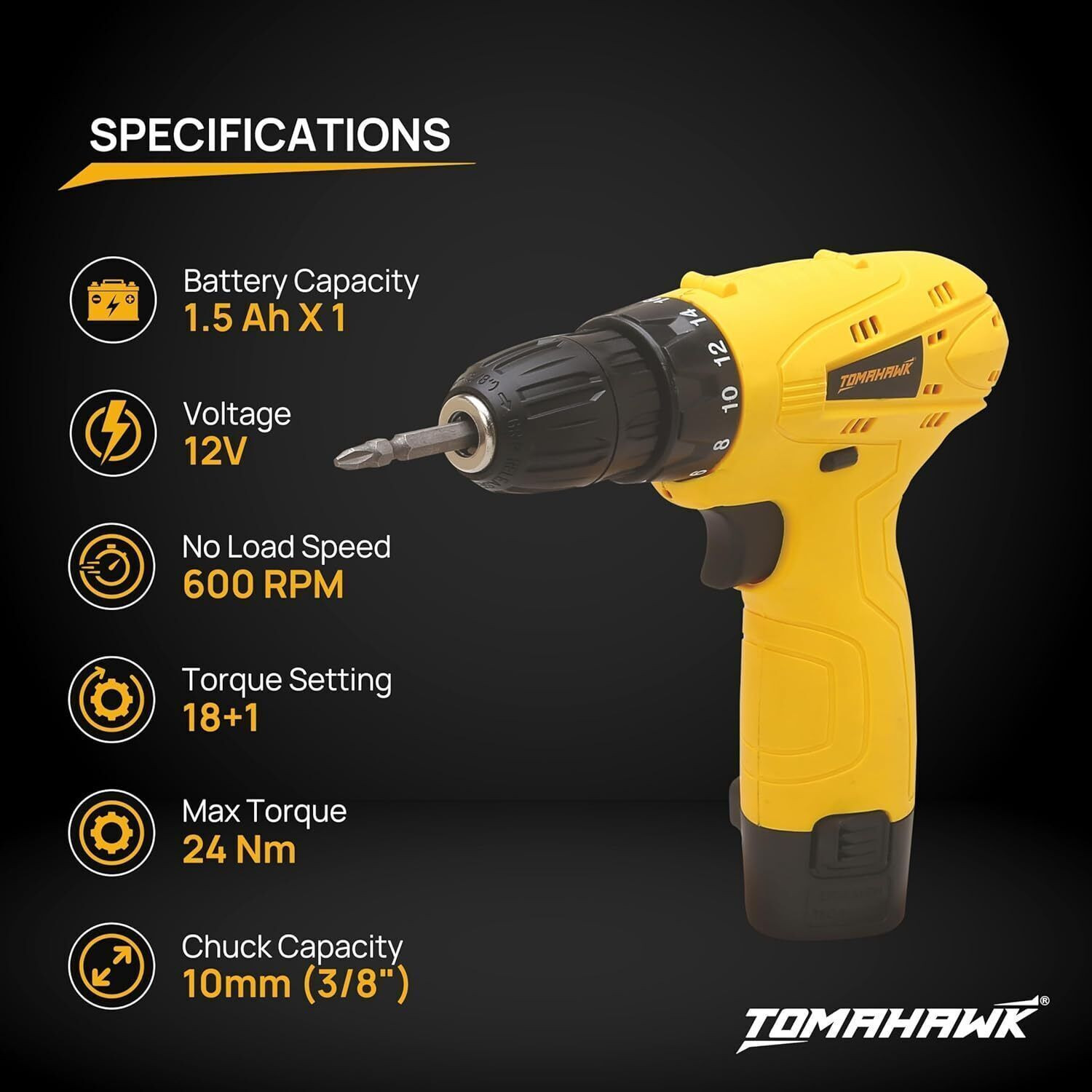 Image of Tomahawk Tomahawk| 600 RPM, 1.5Ah Battery | LED Light |Home, DIY, Wood & Metal| T-7386 Cordless Drill