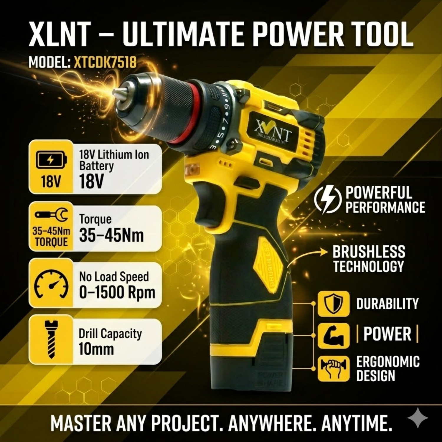 Image of XLNT 18V Brushless Cordless Drill Machine 18V Battery Fast Charger 0-1500 RPM | With Bits, Sockets & Case | LED Light Cordless Drill