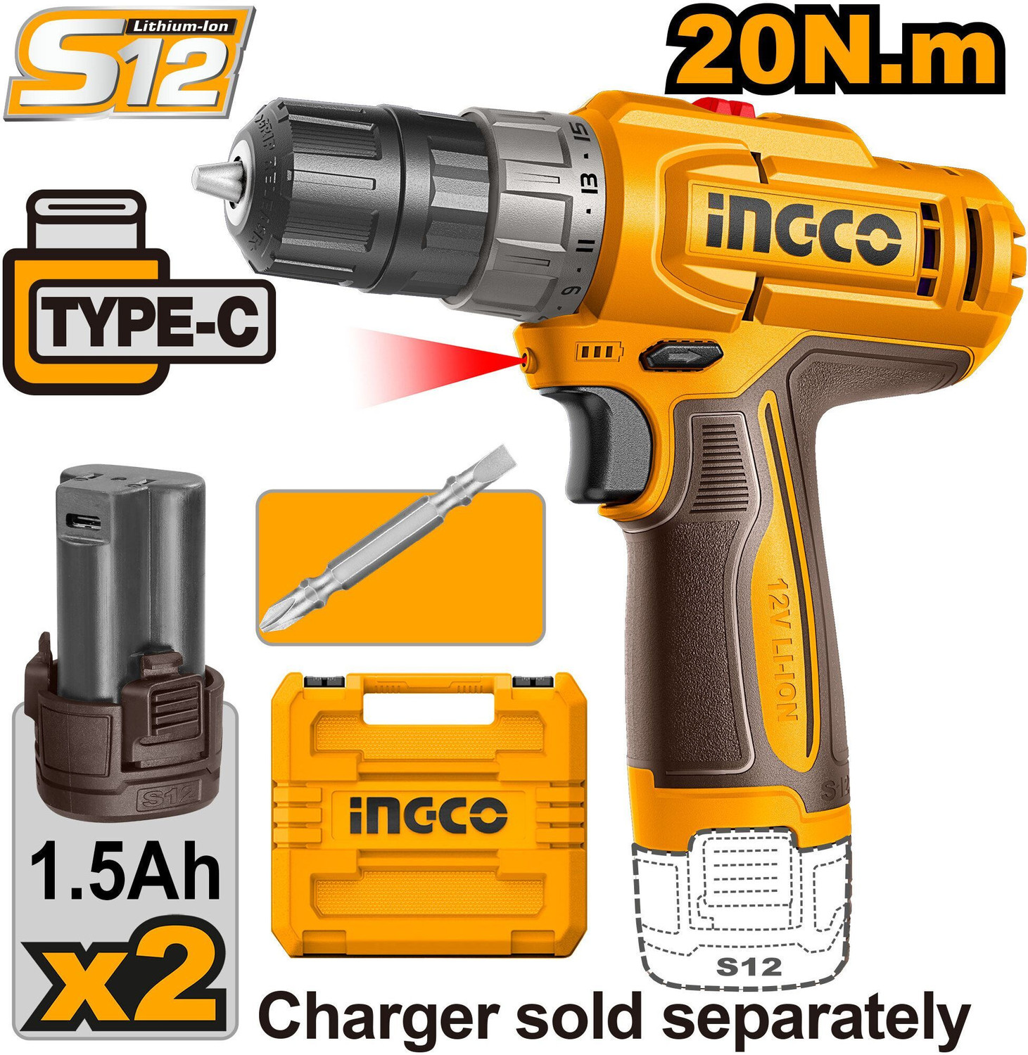 Image of INGCO 12V Cordless Drill Machine, 15+1, 20Nm, Variable Speed, LED, with 2pcs 1.5Ah Batteries and 1 Pcs Cr-V 65mm Bit, Cordless Drill (10 mm Chuck Size)