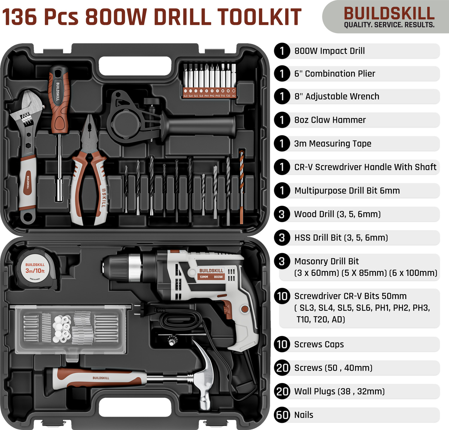 Image of BUILDSKILL 800W Corded Impact Electric Drill kit | 48000 Impact Rate | 3300RPM | 13mm Chuck Power & Hand Tool Kit