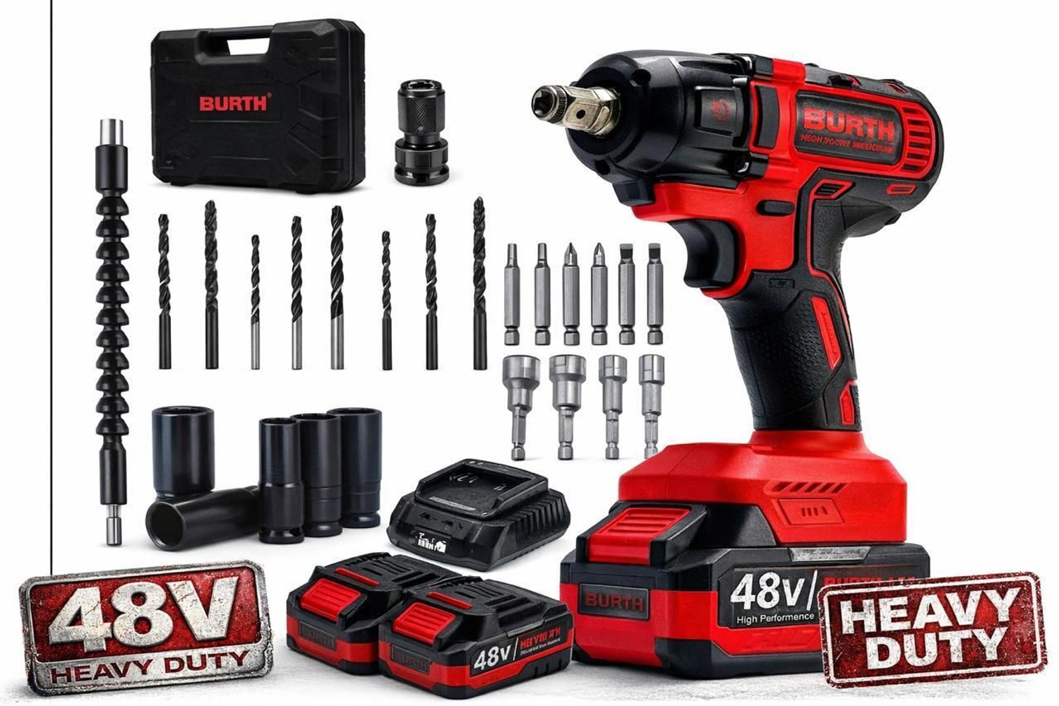 Image of BURTH 48V Heavy Duty Cordless Impact Wrench with 2 Batteries & Kit Power & Hand Tool Kit