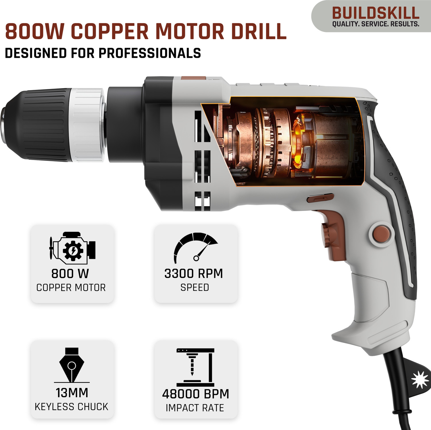 Image of BUILDSKILL 800W Corded Impact Electric Drill kit | 48000 Impact Rate | 3300RPM | 13mm Chuck Power & Hand Tool Kit