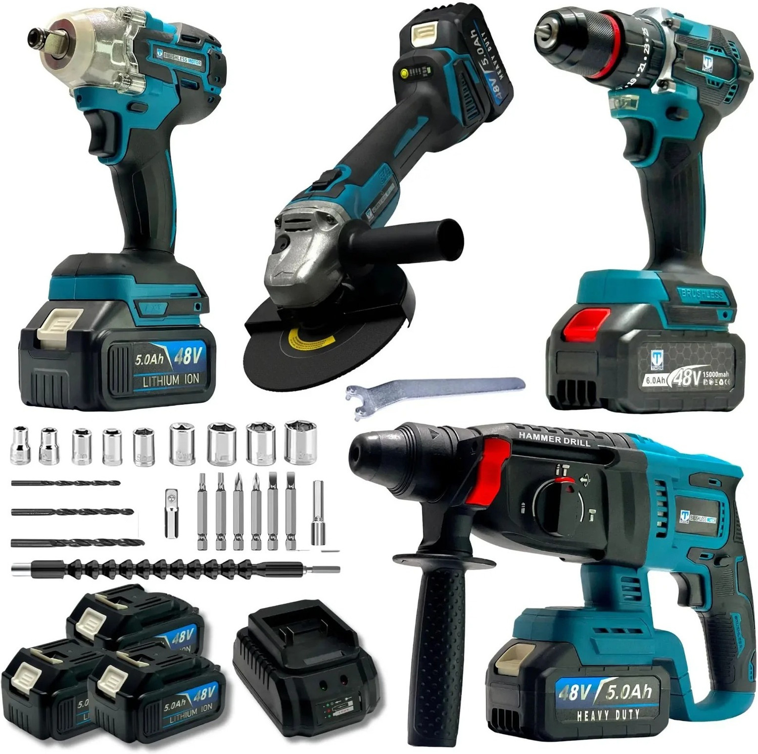 Image of XLNT 4 Power Tool Combo Kit Cordless Drill,Angle Grinder,Impact Wrench,Rotary Hammer Power & Hand Tool Kit