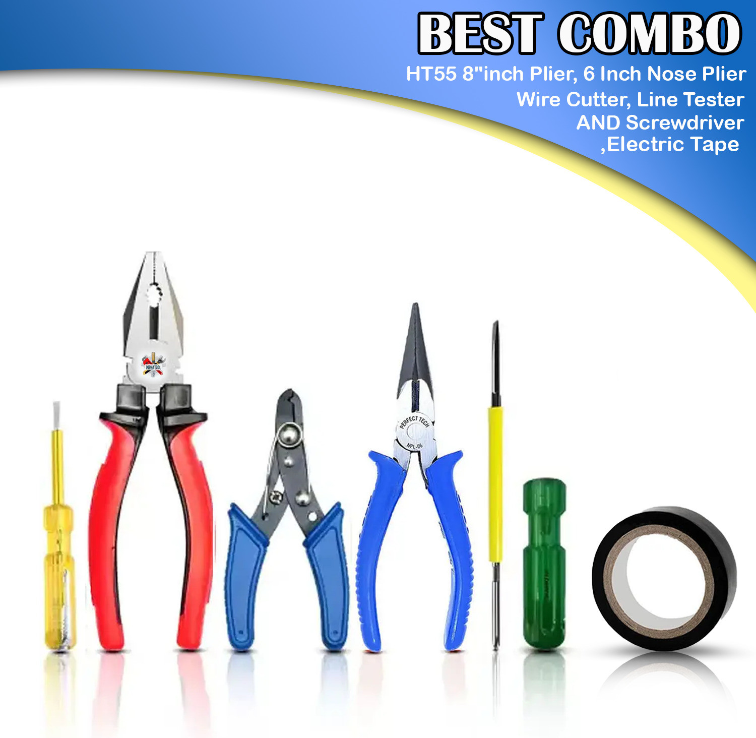 Image of Wolzook 8 inch Plier with Noise Plier, Wire Cutter,Line Tester, 2in1 Screwdriver, Tape W Hand Tool Kit