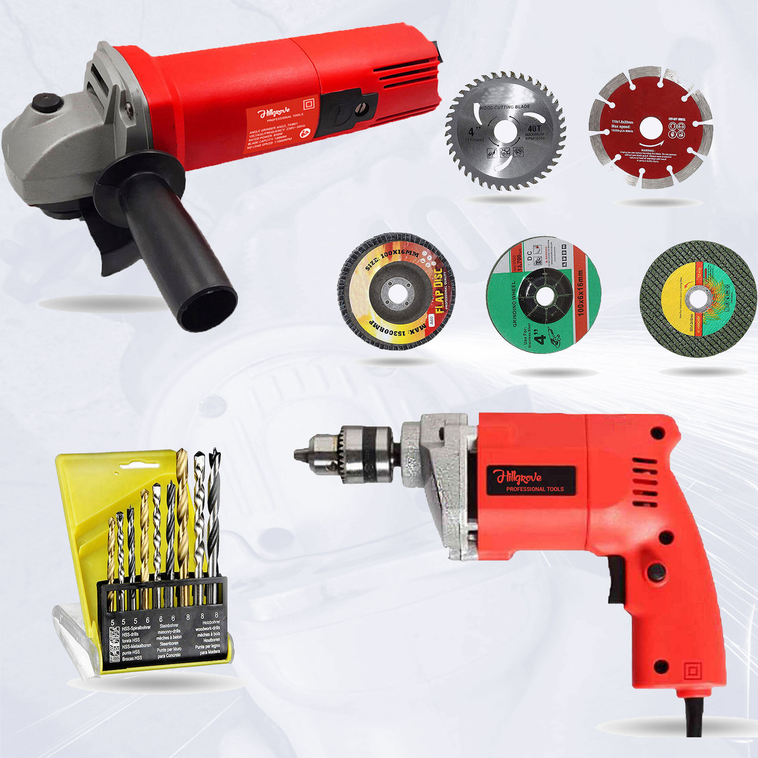 Image of Hillgrove HG711M3 4inch Angle Grinder with 10mm Drill Machine for Making Holes Power & Hand Tool Kit