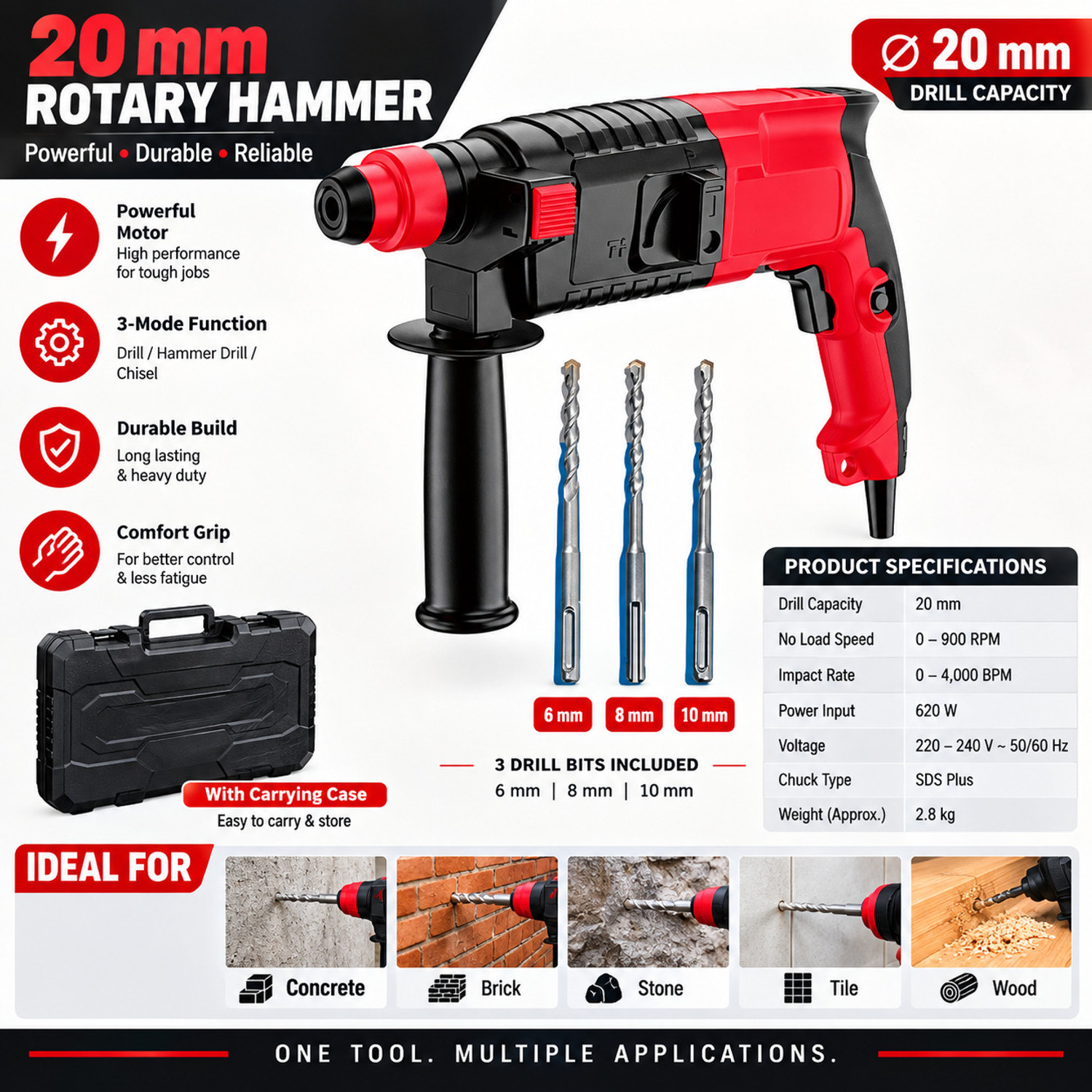 Image of RanPra Heavy Duty Rotary Hammer Machine, 10 inch Chisel, Point Bit, Drill Bits Angle Grinder With 13mm Drill Chuck Sds And A Pair of Gloves Rotary Hammer Drill