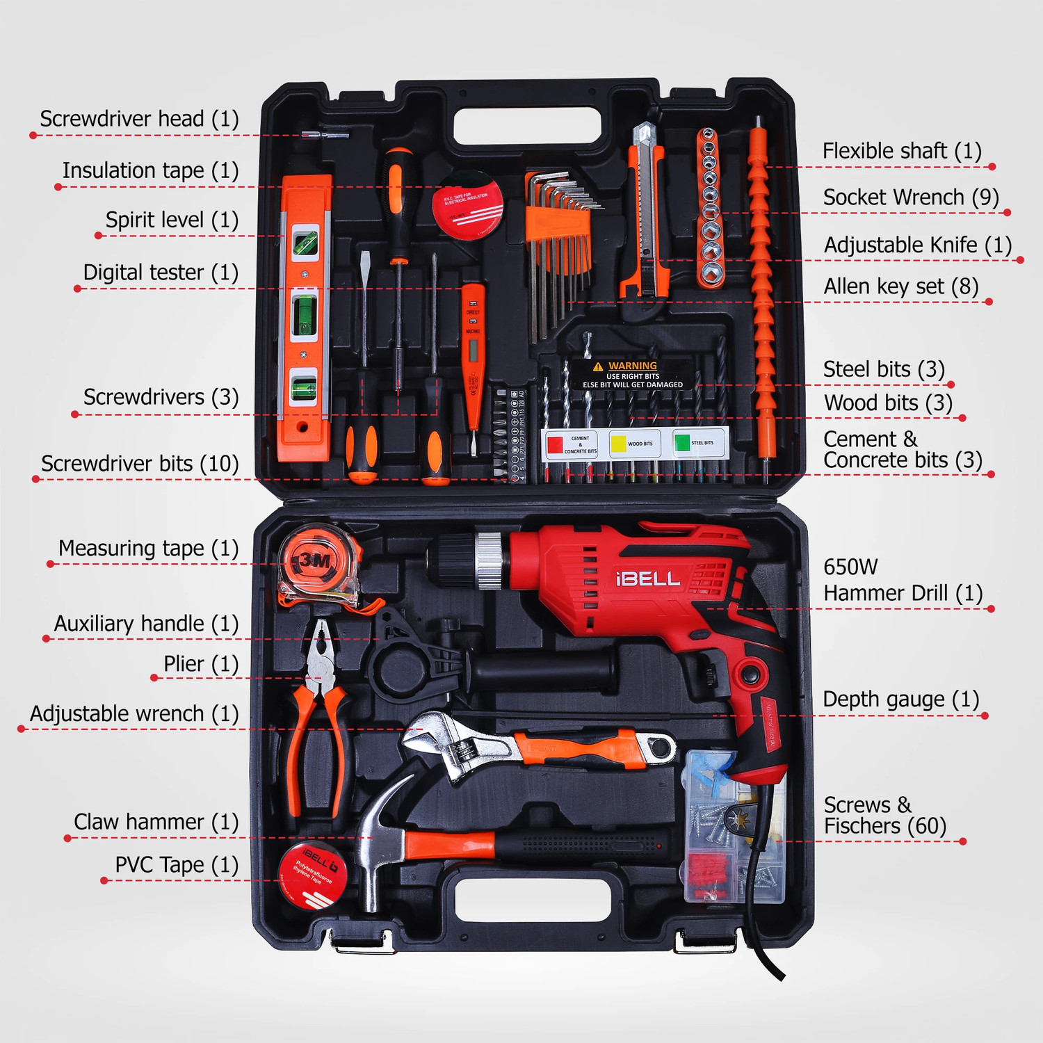 Image of iBELL Tool Kit with Impact Drill TD13-100, 650W, Copper Armature, Chuck 13mm Keyless Power & Hand Tool Kit