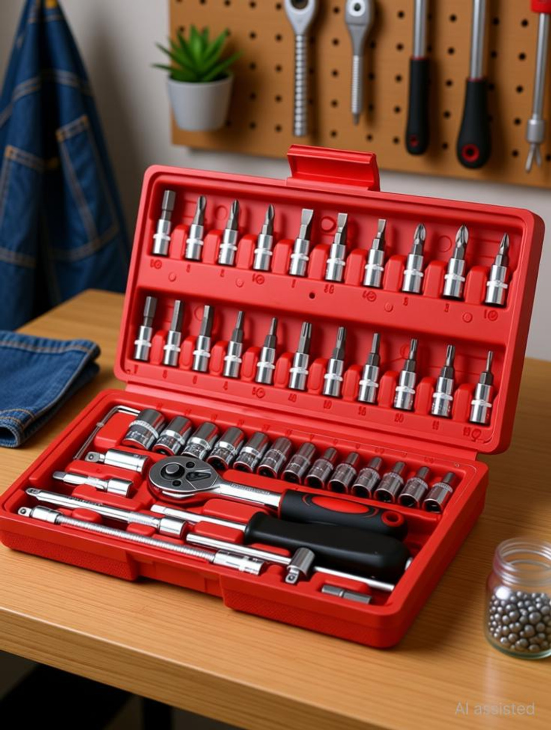 Image of WEMOL 46 in 1 Pcs Tool Kit for Home Use Tools Kit Spanner Set Socket Set Combination Screwdriver Set
