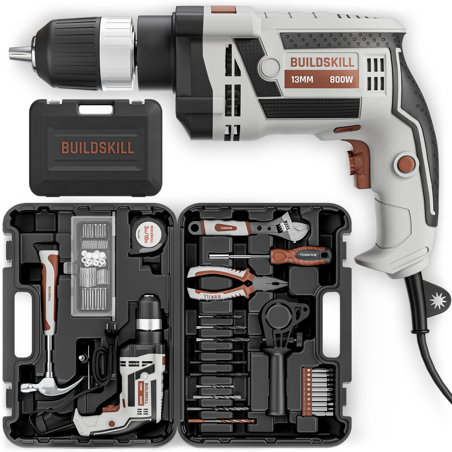 Image of BUILDSKILL 800W Corded Impact Electric Drill kit | 48000 Impact Rate | 3300RPM | 13mm Chuck Power & Hand Tool Kit