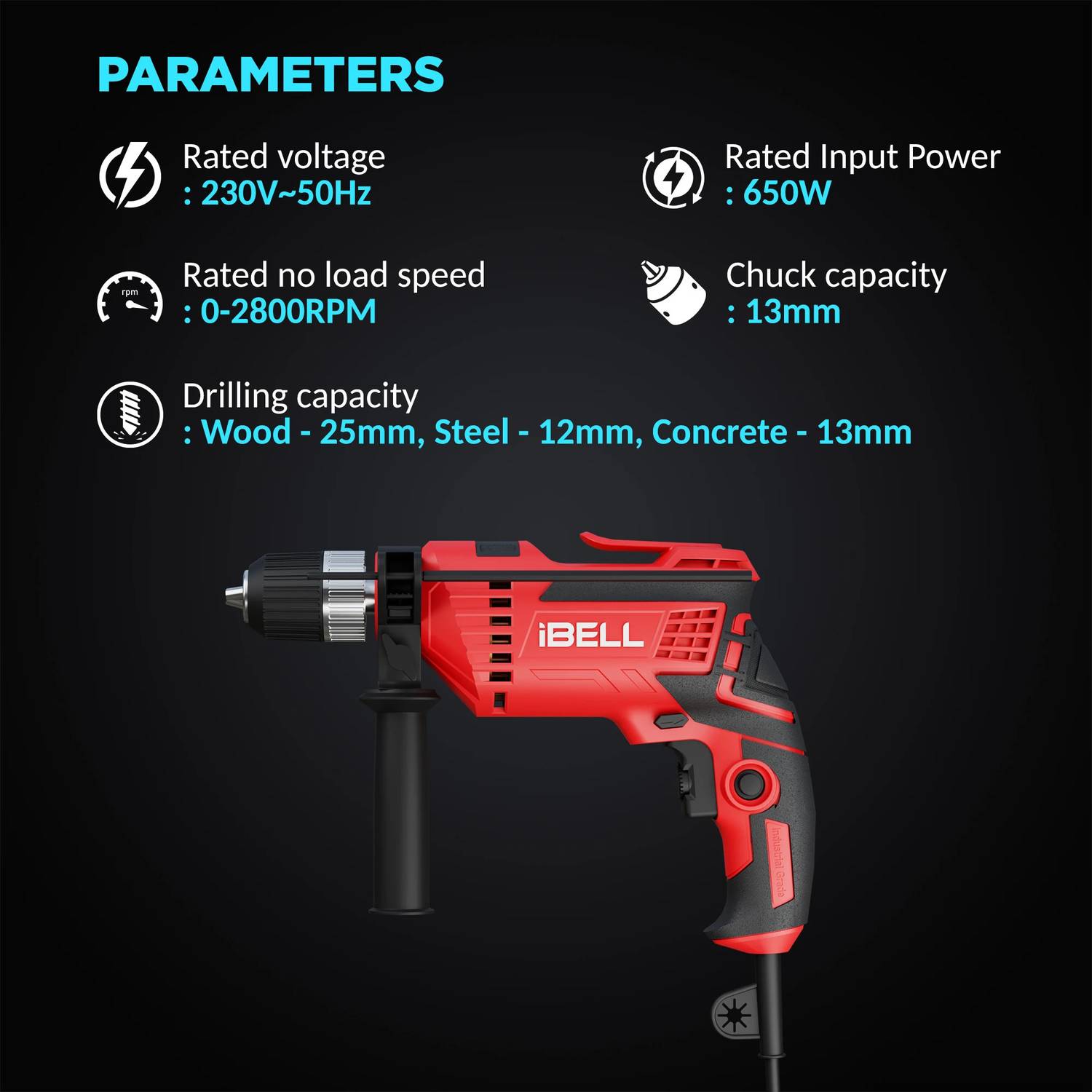 iBELL Impact Drill TD13-100 Tool Kit 650W - Image 3