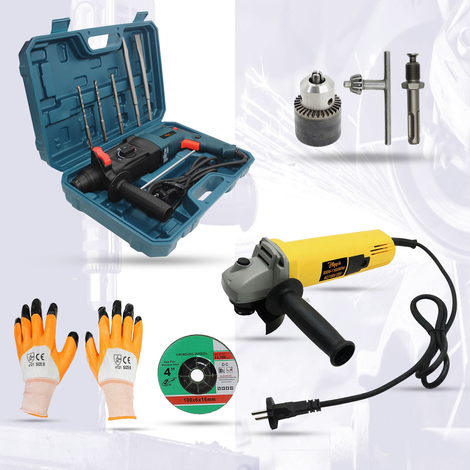 Image of Hillgrove HGCM33M2 1200W-26mm Hammer Drill Forward /Reverse Rotation with Angle Grinder Power & Hand Tool Kit