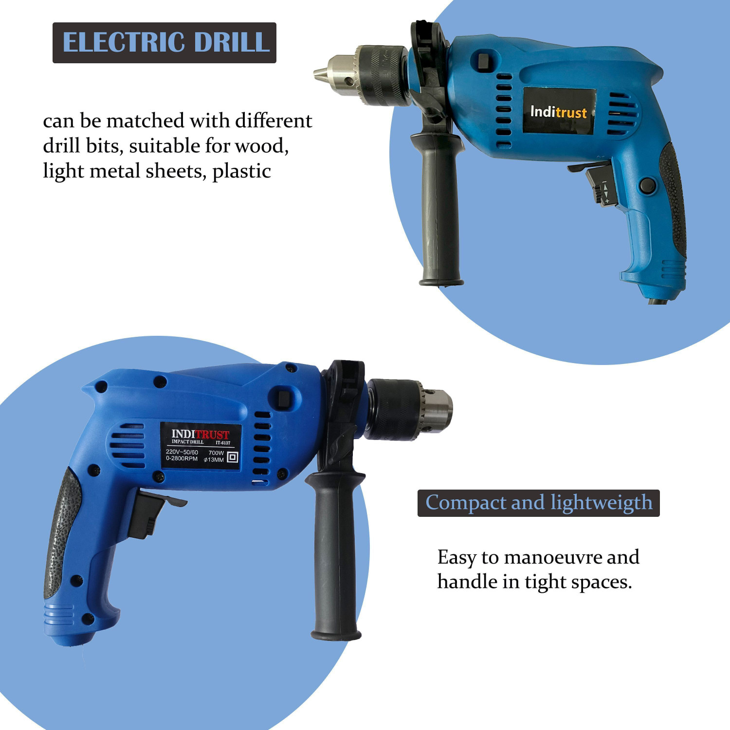 Image of Inditrust 13mm 700W Impact drill machine set 6 Month warranty 100% Copper Winding 9pc Bit Power & Hand Tool Kit