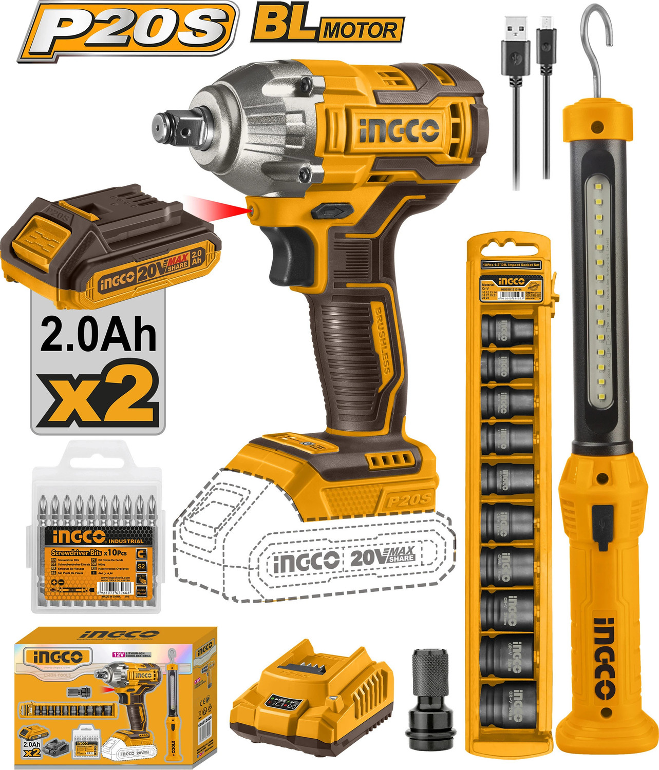 Image of INGCO Cordless 2 pcs combo kit COSLI23048 Power & Hand Tool Kit