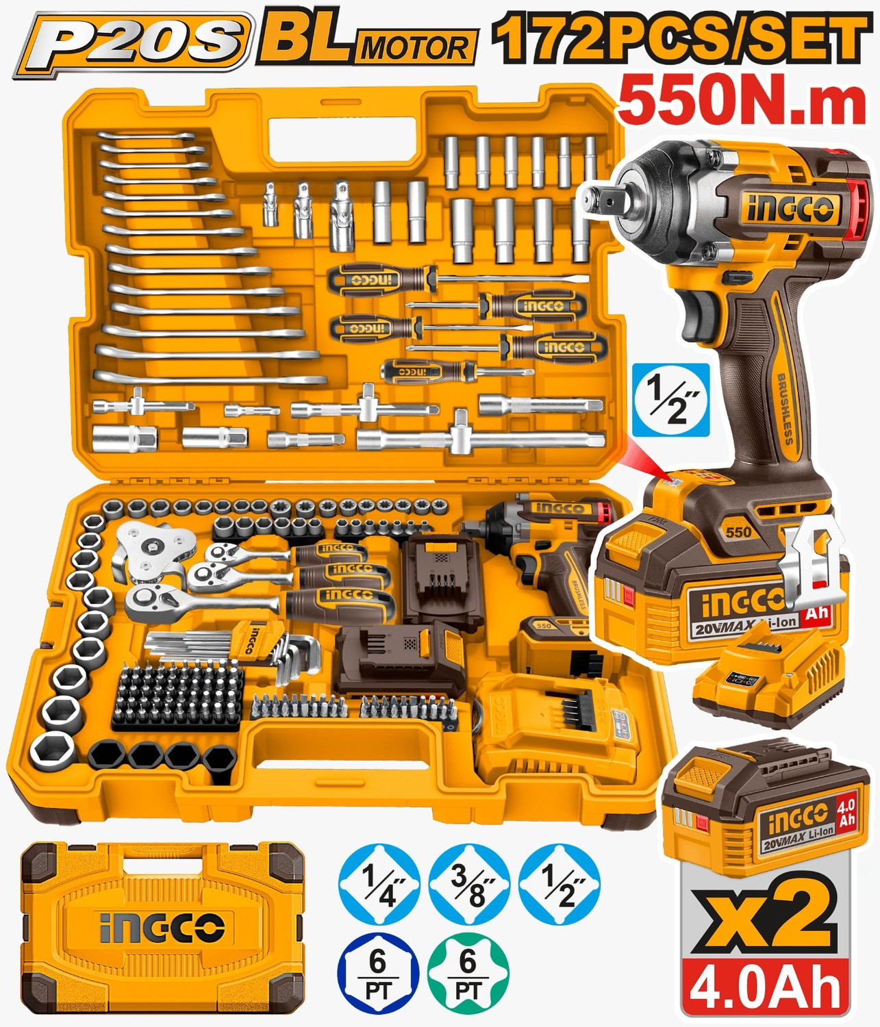 Image of INGCO 20V Cordless BL 550 Nm Max. Torque Impact Wrench With 172 Pcs Tools Set Power & Hand Tool Kit