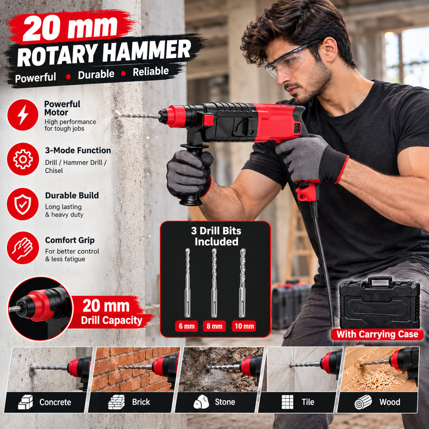 Image of RanPra Heavy Duty Rotary Hammer Machine, 10 inch Chisel, Point Bit, Drill Bits Angle Grinder With 13mm Drill Chuck Sds And A Pair of Gloves Rotary Hammer Drill