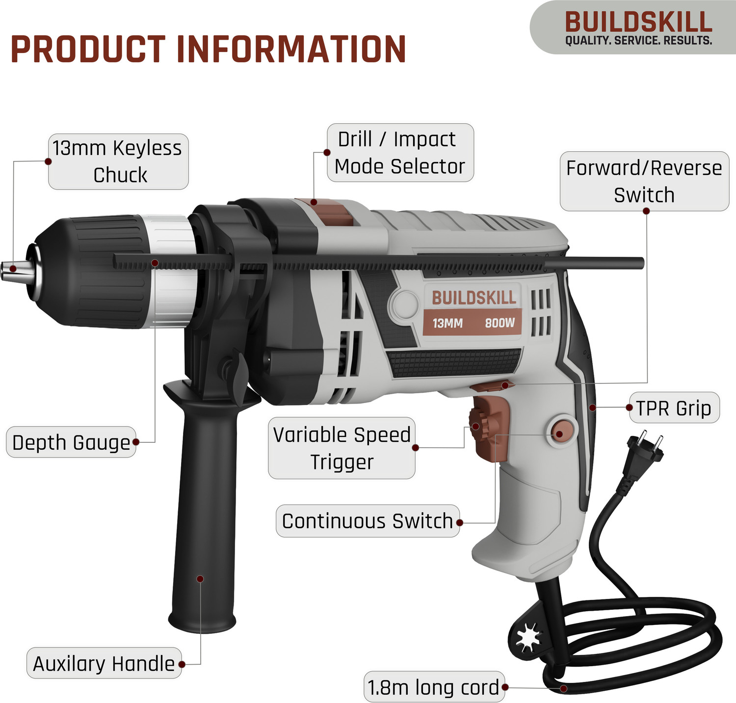 Image of BUILDSKILL 800W Corded Impact Electric Drill kit | 48000 Impact Rate | 3300RPM | 13mm Chuck Power & Hand Tool Kit