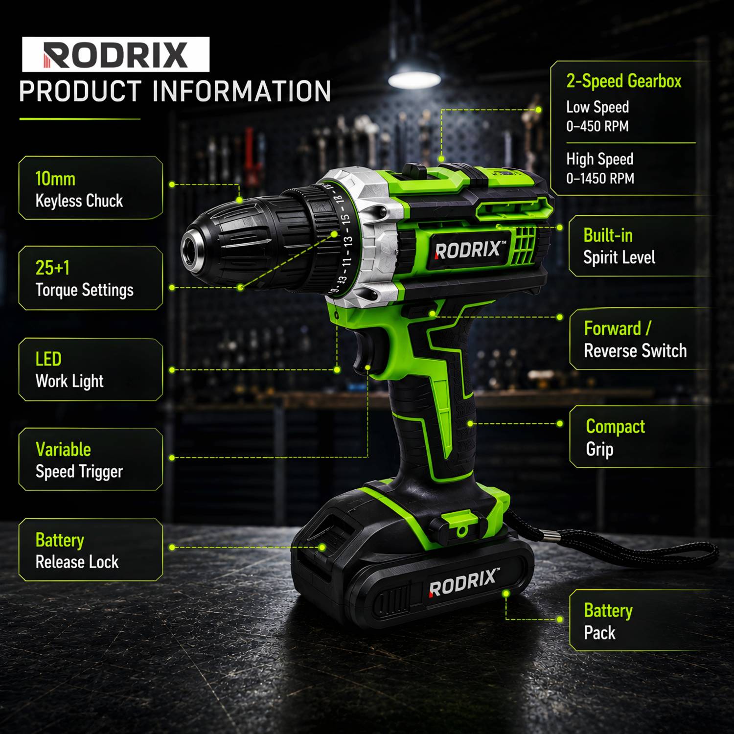 Rodrix 21V Cordless Drill Machine 30Nm 2-Speed 10mm Chuck - Image 3