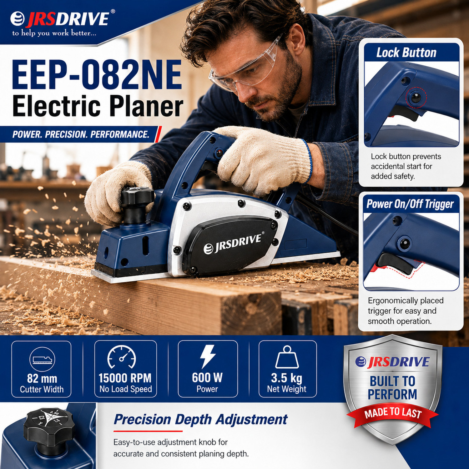Image of EASTMAN EEP-082N Electric Planer| Width Of Cutter 82 Mm (3)|15000 Rpm|600 Watts| With Carbon set Corded Planer