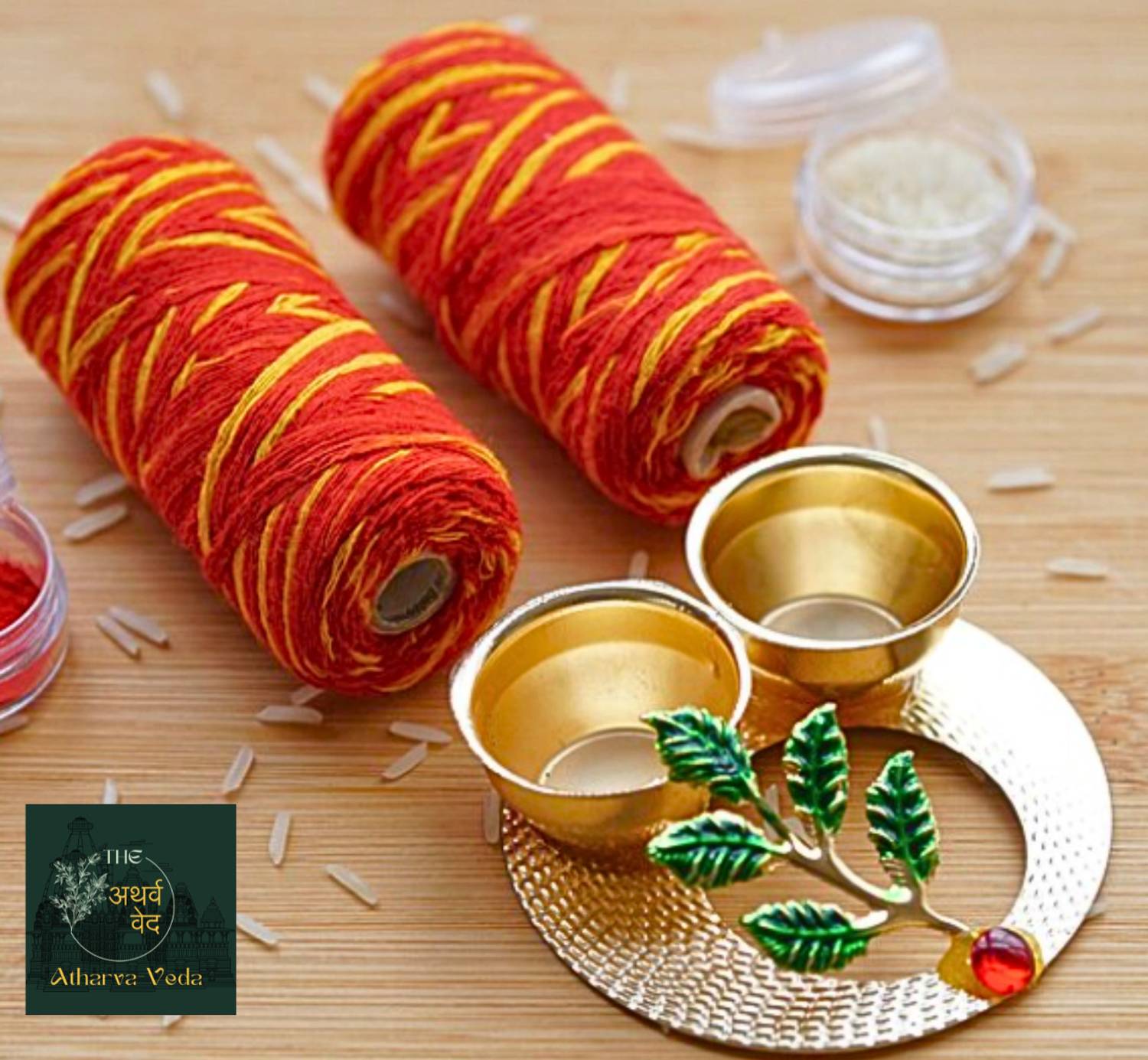 The Atharva-veda 2 Red Yellow MOLI Thread, KALAVA for Pooja, Rakshasutra, Mauli Dhaga size MEDIUM Prayer Kit