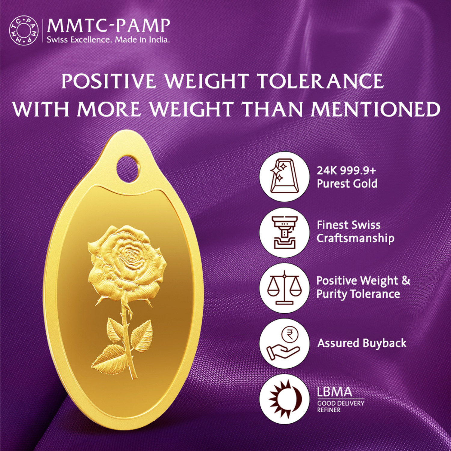 Image of MMTC-PAMP India Pvt Ltd New Rose 1 gram 24 (9999) Yellow Gold Pendant