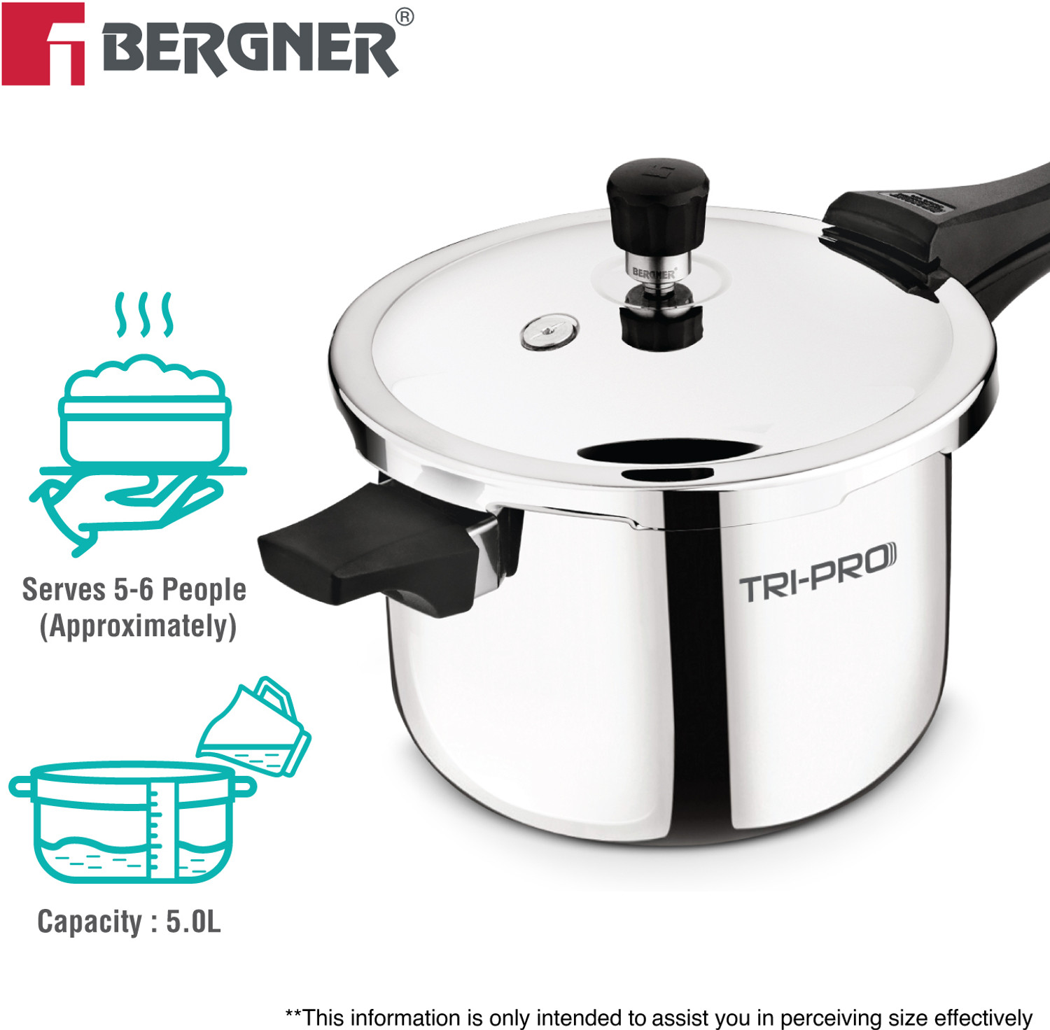 Image of BERGNER TriPro Triply Stainless Steel 5 L Outer Lid Pressure Cooker, Bakelite Handle, 5 L Outer Lid Induction Bottom Pressure Cooker