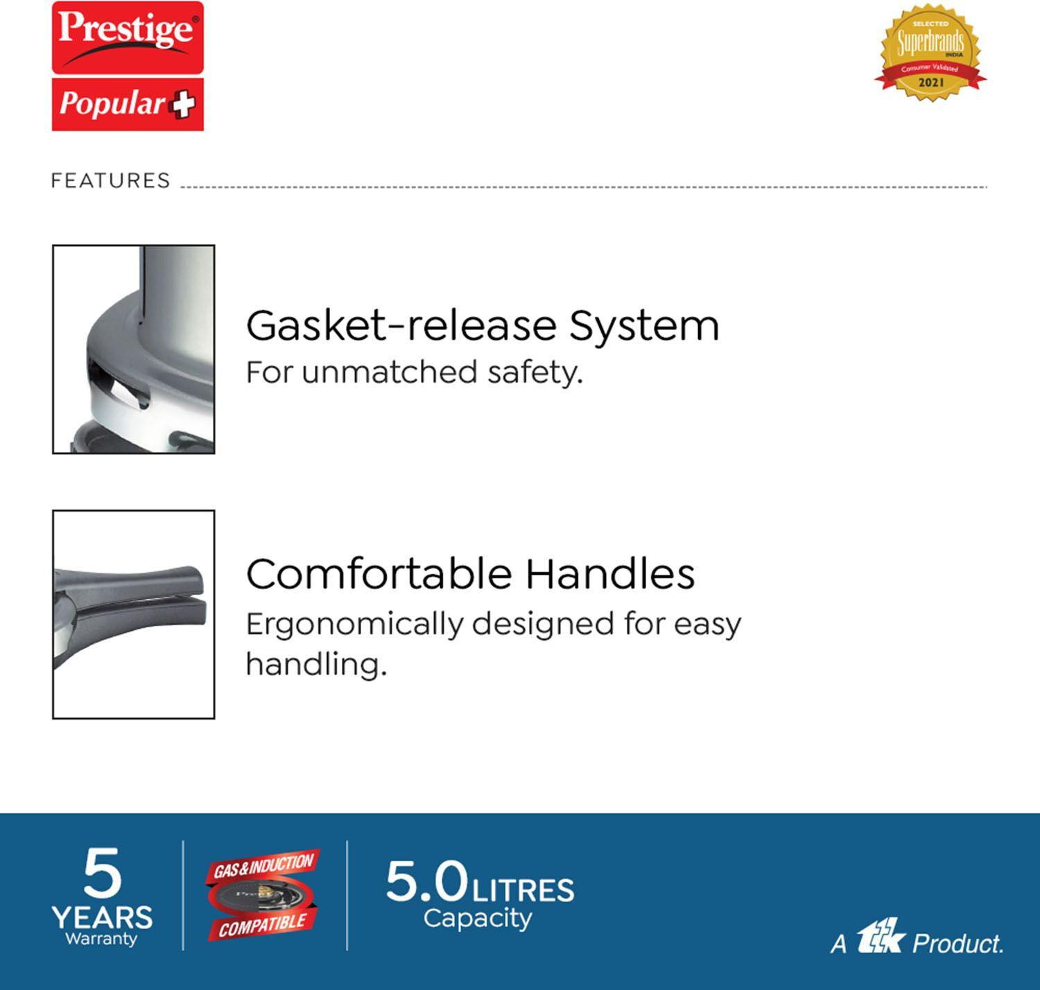 Image of Prestige Popular Plus 5 L Outer Lid Induction Bottom Pressure Cooker