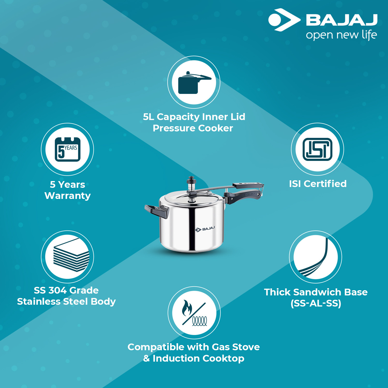 Image of BAJAJ 5L INNER LID SS PRESSURE COOKER 5 L Inner Lid Induction Bottom Pressure Cooker
