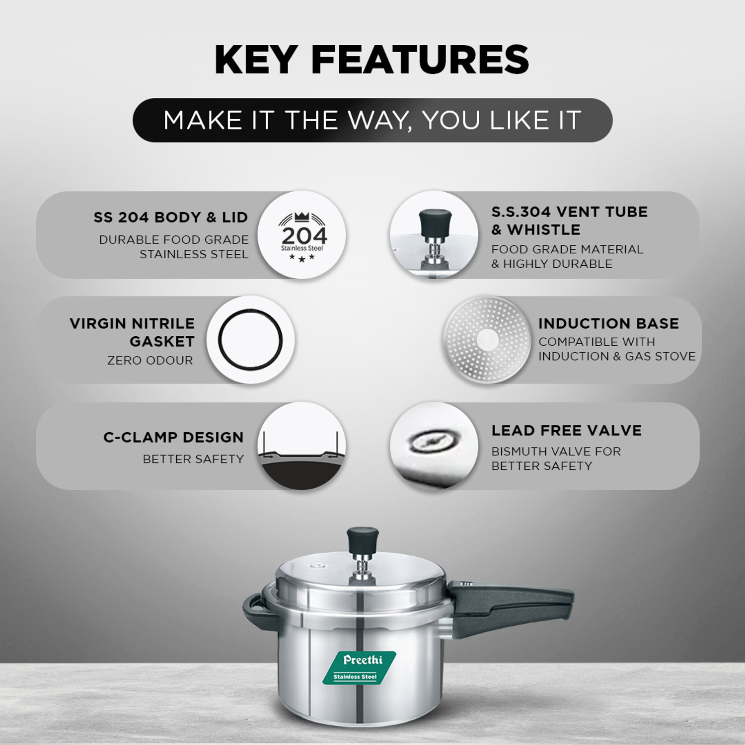 Image of Preethi Neo 5L Stainless Steel Outerlid Pressure Cooker (PC 018) 5 L Outer Lid Induction Bottom Pressure Cooker