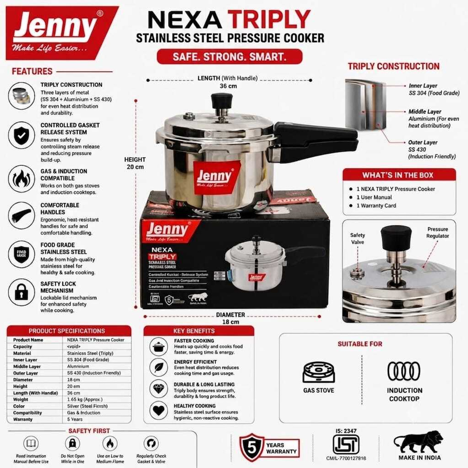 Image of JENNY Food Grade Stainless Steel Pressure Cooker 3 Litre Kitchen Essential 3 L Outer Lid Induction Bottom Pressure Cooker