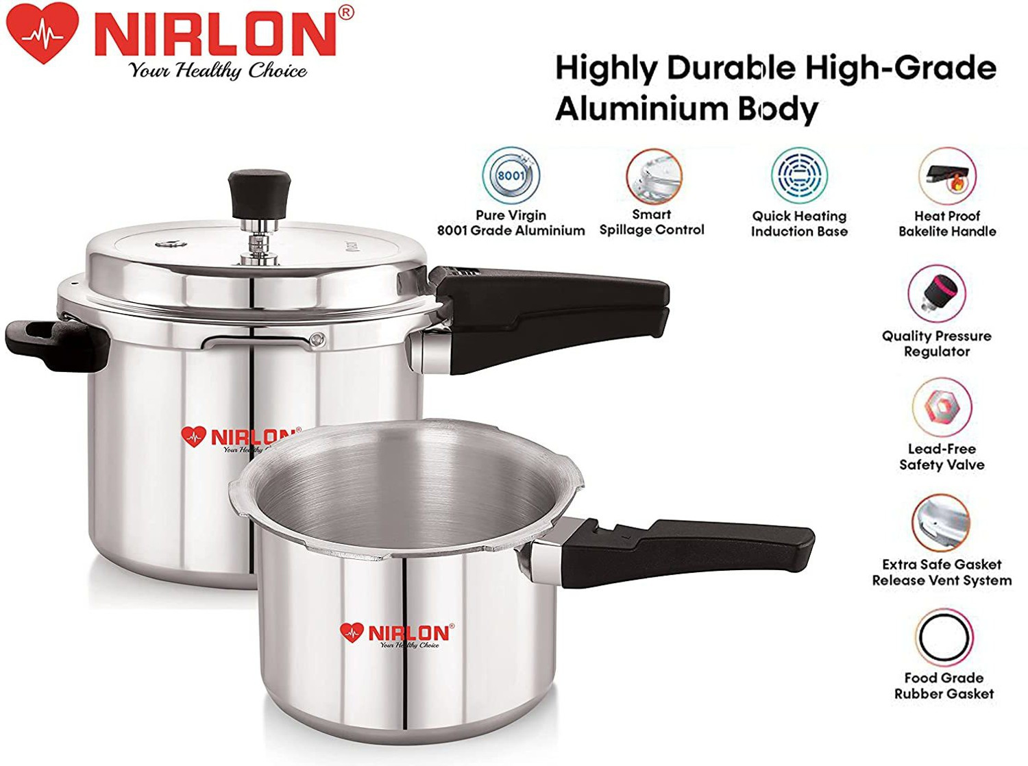 Image of NIRLON 3 L, 5 L Induction Bottom Pressure Cooker (Aluminium)