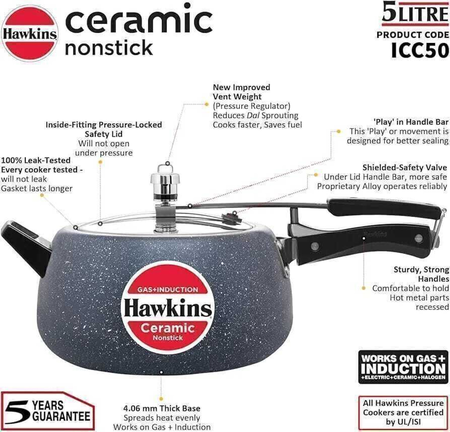 Image of Hawkins Ceramic Nonstick 5L Pressure Cooker, Induction Inner Lid Cooker,Blue 5 L Inner Lid Induction Bottom Pressure Cooker & Pressure Pan