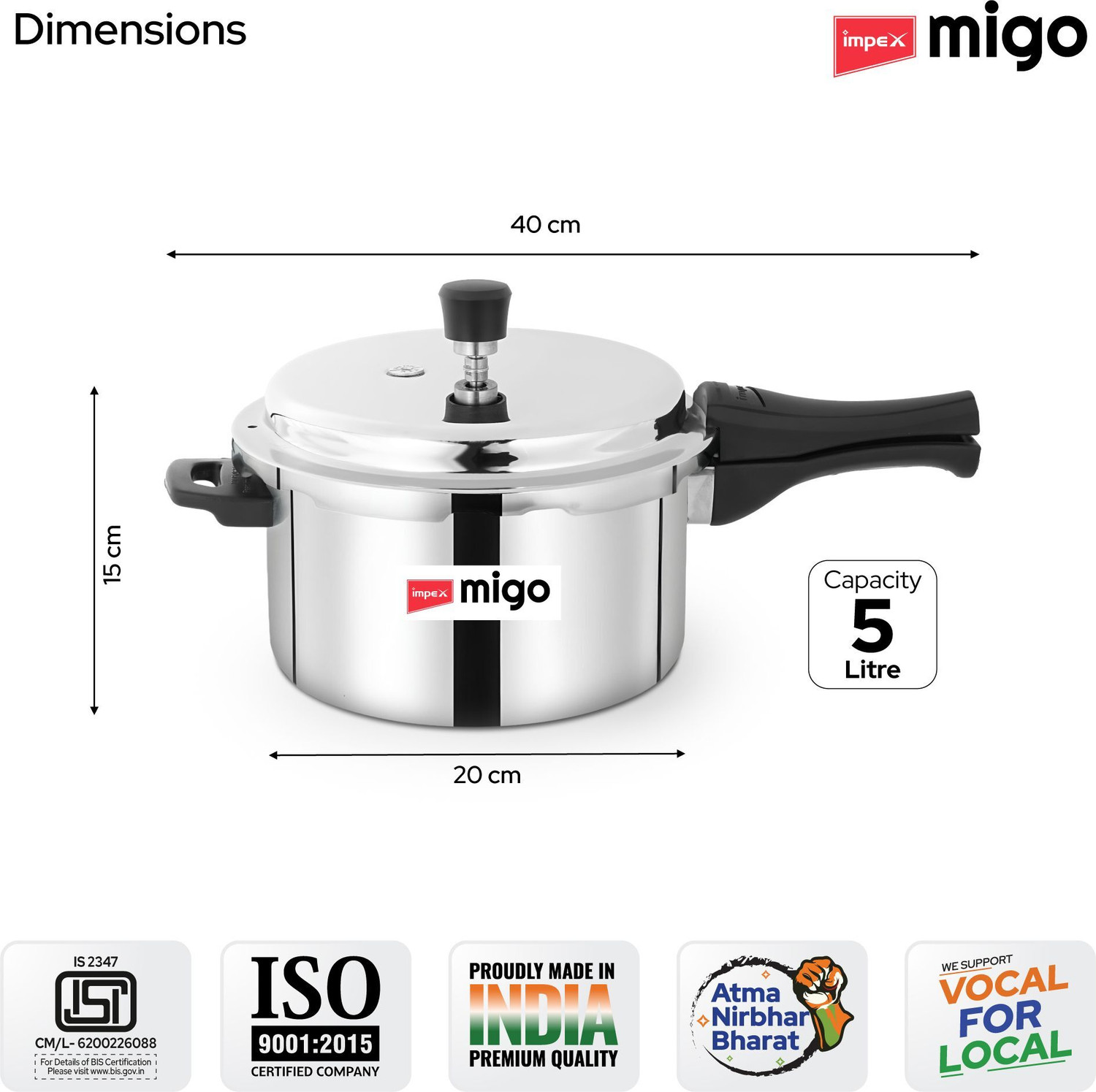 Image of IMPEX Triply Stainless Steel Pressure Cooker 5 Litres With Outer Lid | ISI Certified | 5 L Outer Lid Induction Bottom Pressure Cooker
