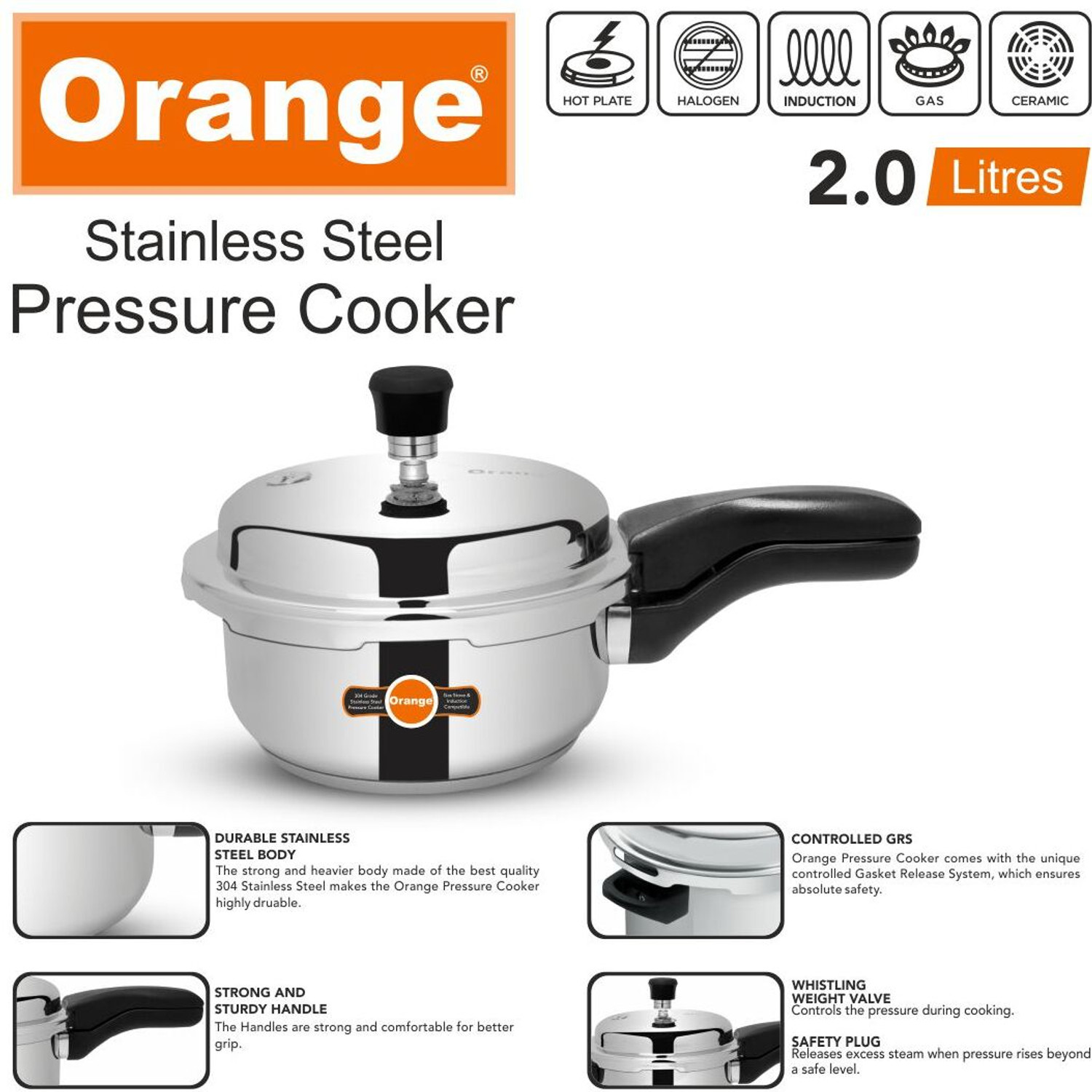 Image of ORANGE Pressure Cooker 3Pcs Set 2+3+5Ltrs 5 L Outer Lid Induction Bottom Pressure Cooker