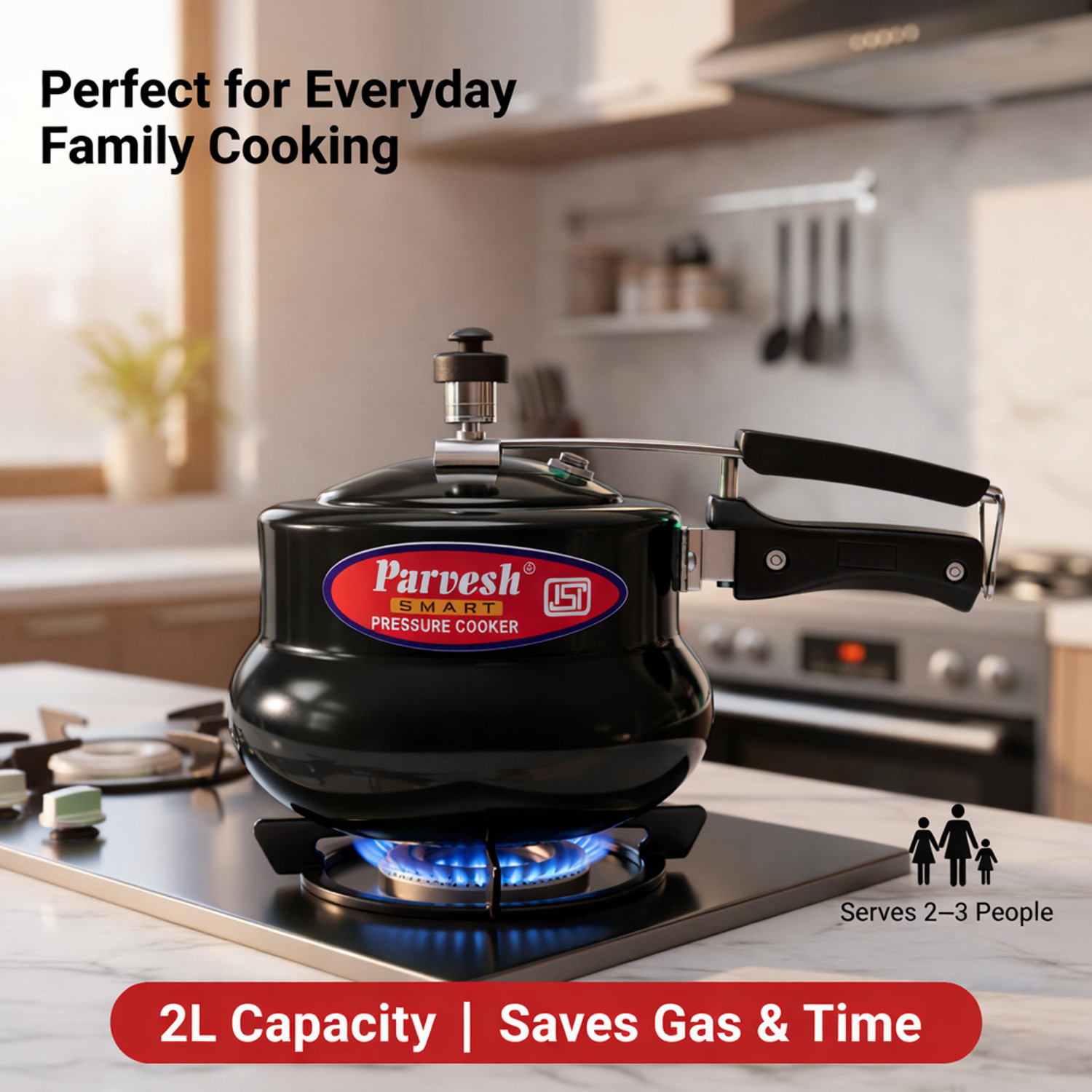 Image of PS PARVESH SMART 2 Litre Induction Base Handi Pressure Cooker | Inner Lid | ISI Certified | 2 L Inner Lid Induction Bottom Pressure Cooker