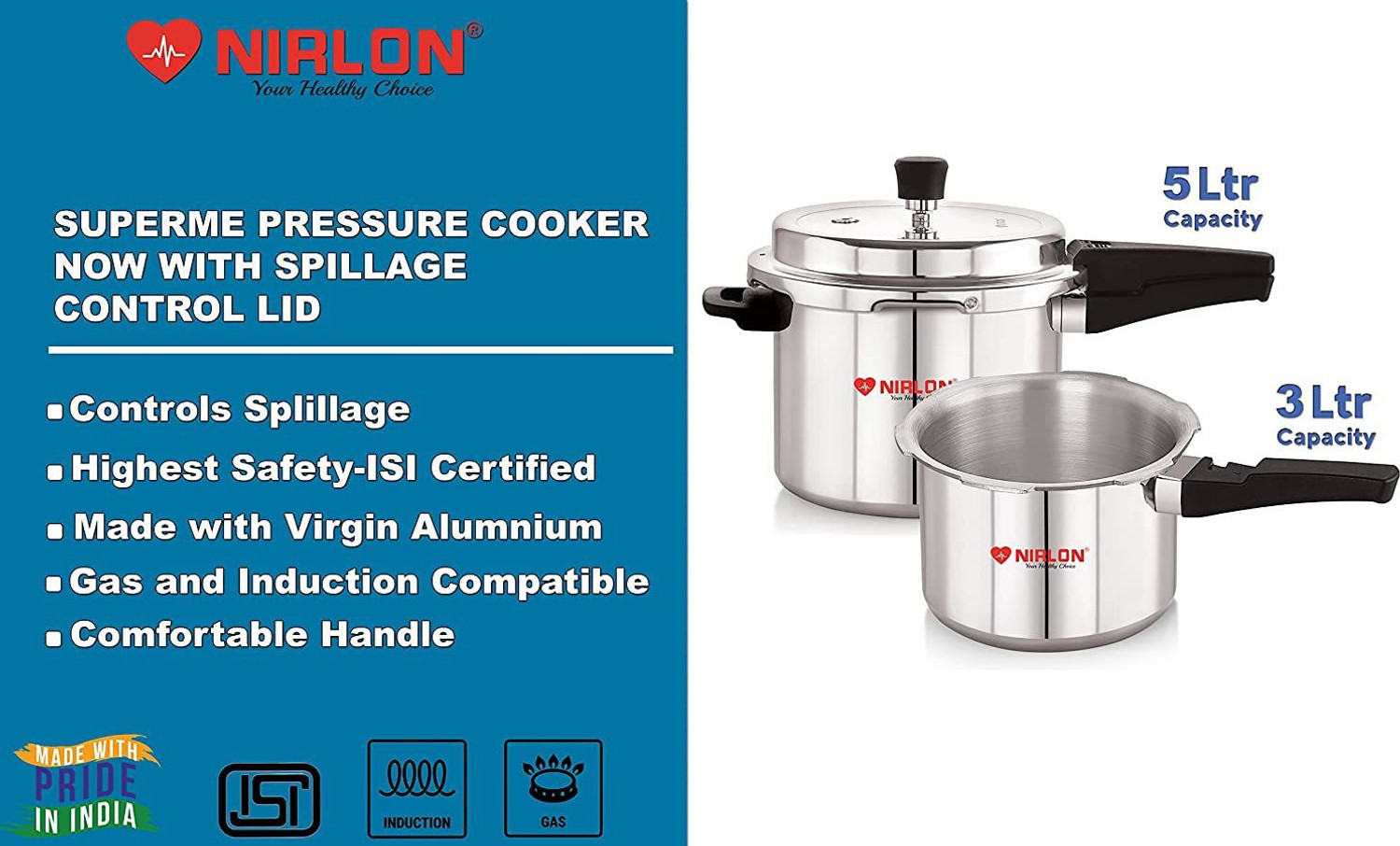 Image of NIRLON 3 L, 5 L Induction Bottom Pressure Cooker (Aluminium)