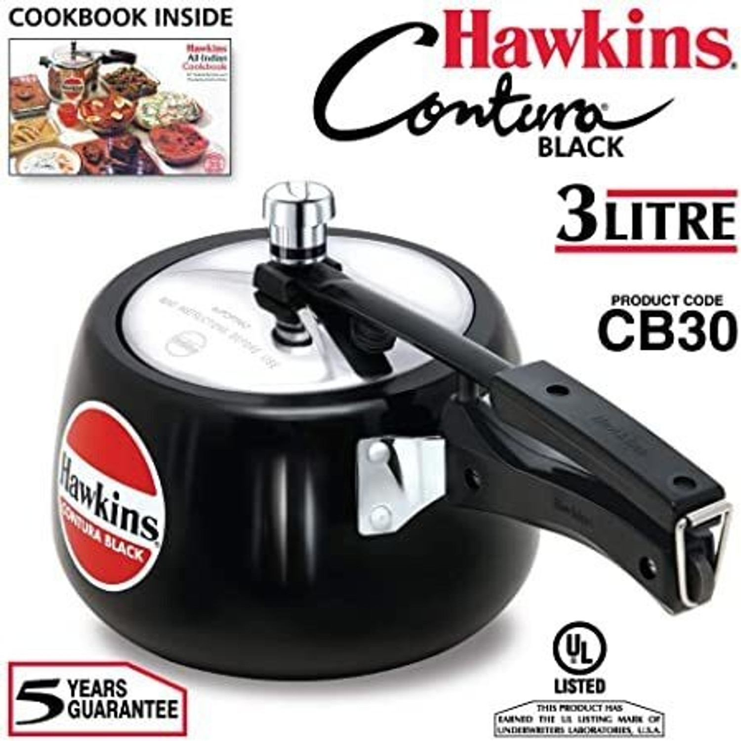 Image of Hawkins Contura Black Handi Pr. Cooker With SS Grid 11cm, 3 L Inner Lid Pressure Cooker
