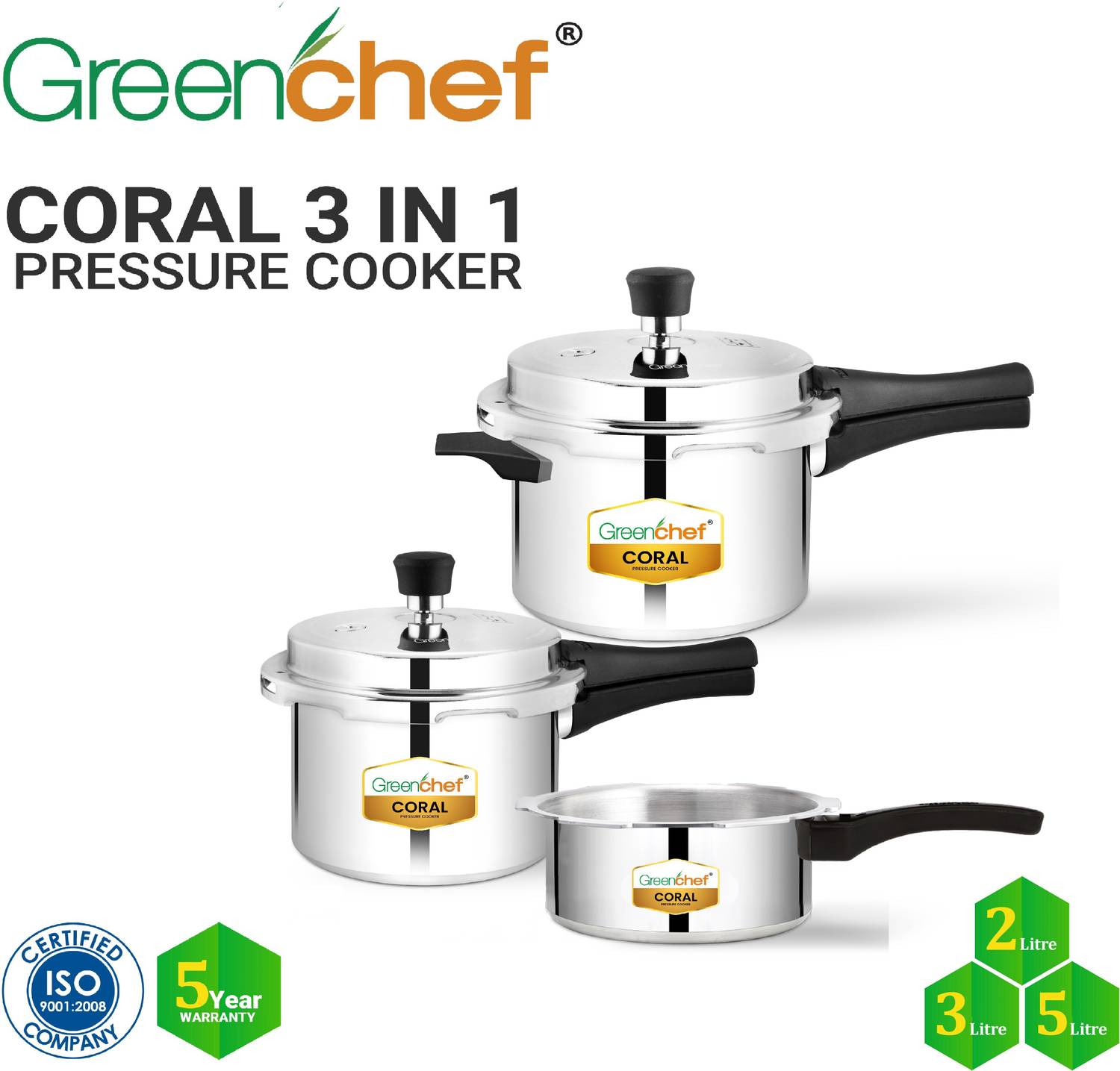 Greenchef Coral Combo 5L, 3L, 2L Pressure Cooker Pack of 5 - Image 5