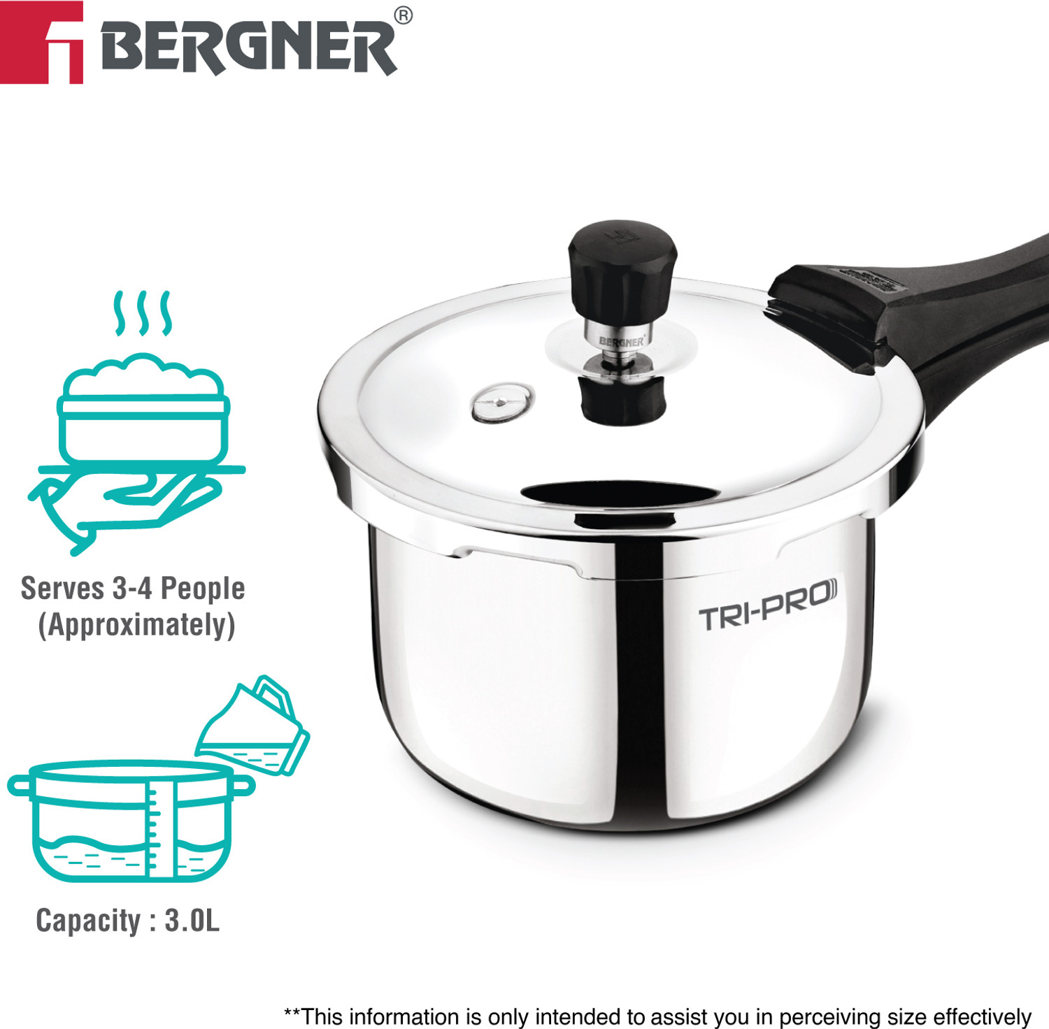 Image of BERGNER TriPro Triply 3 Litres Outer Lid Pressure Cooker with Bakelite Handle, 3 L Outer Lid Induction Bottom Pressure Cooker
