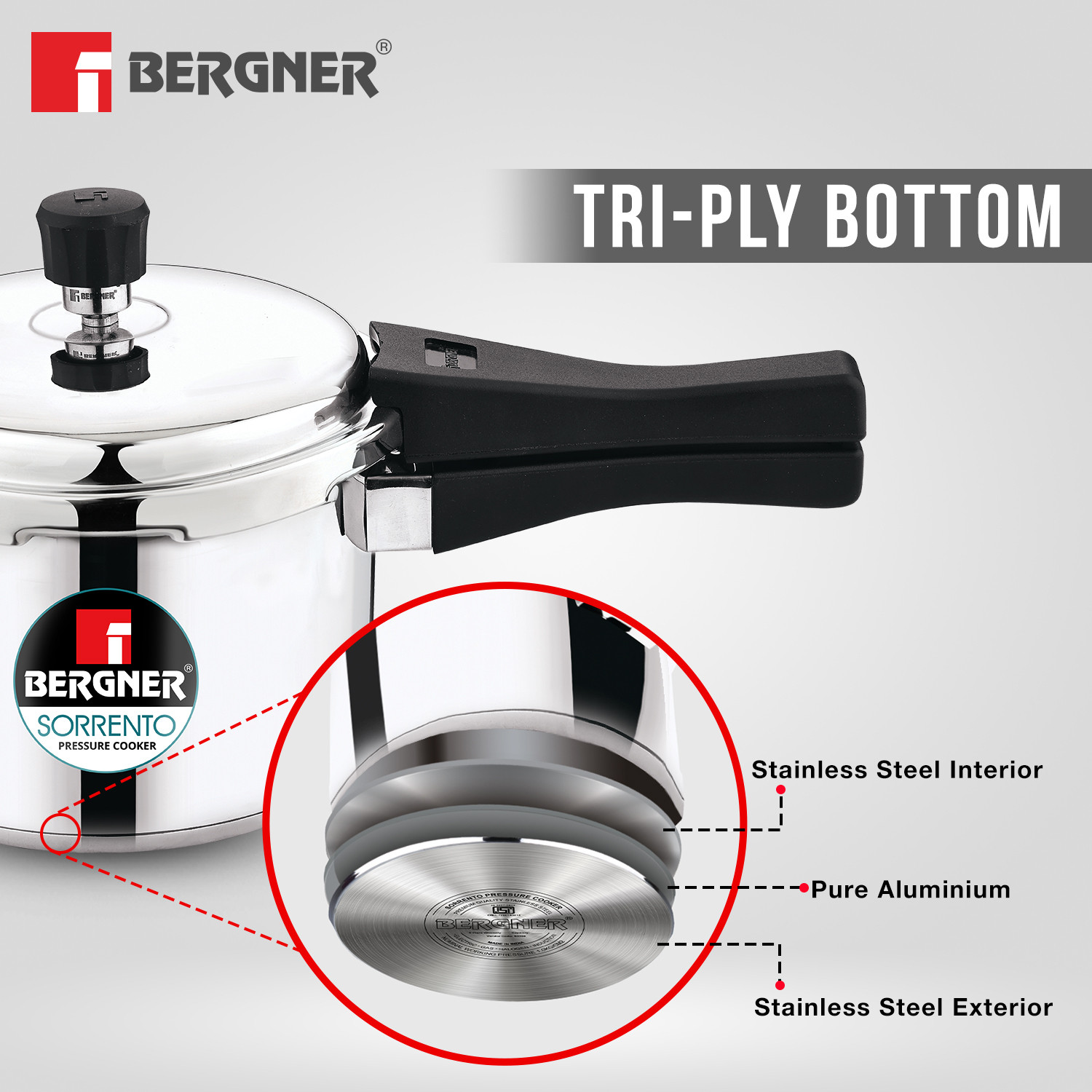 Image of BERGNER Sorrento Stainless Steel 1.5 Litres Outer Lid Mini Pressure Cooker, 1.5 L Induction Bottom Pressure Cooker (Stainless Steel)