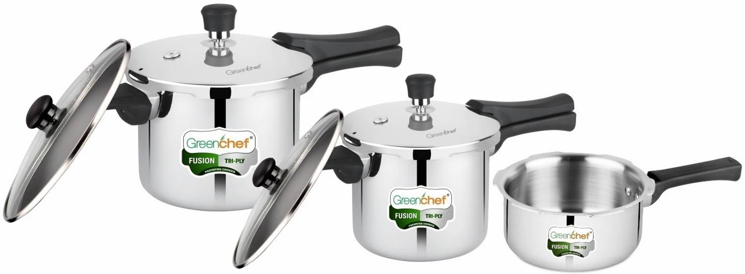 Greenchef Fusion Tri-Ply Pressure Cooker Combo 5L, 3L, 2L Pack of 5 - Image 1