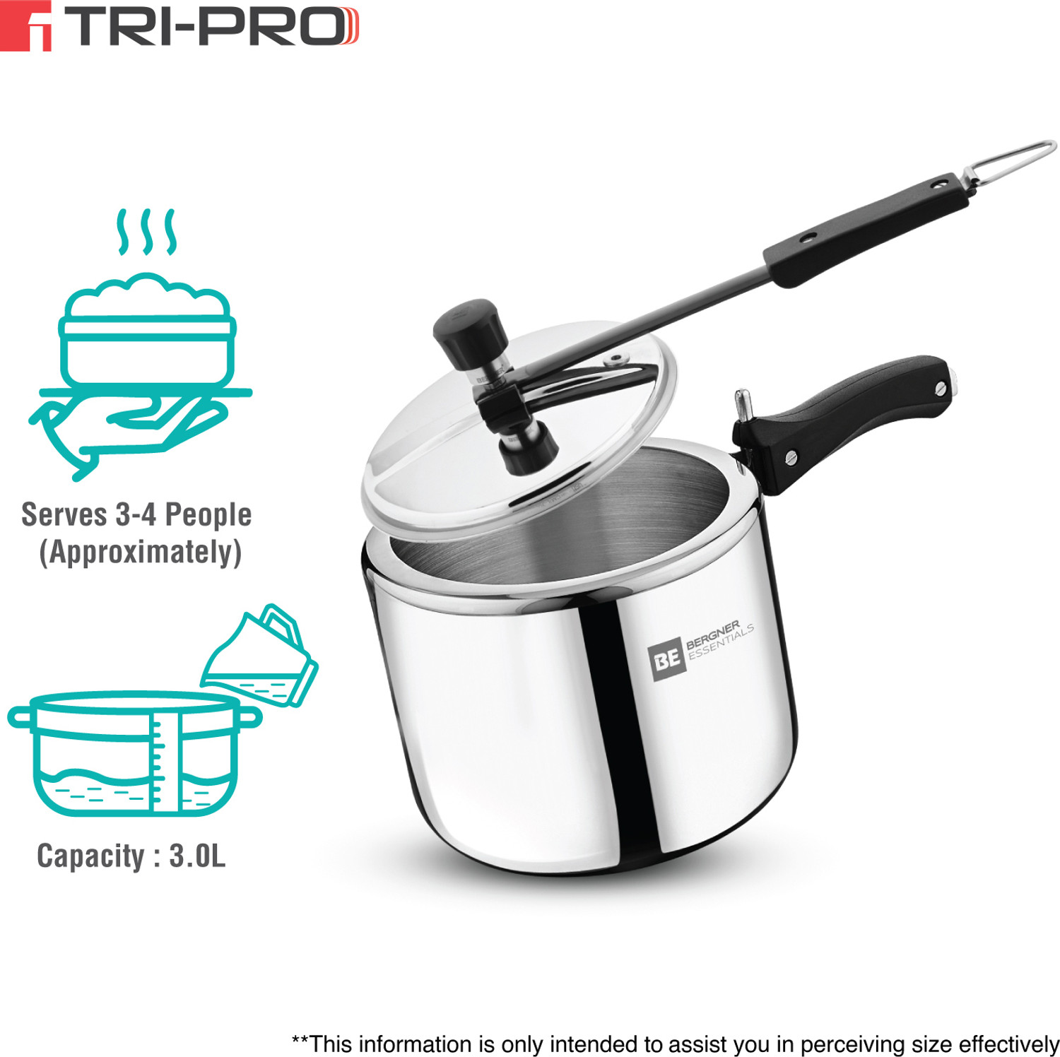 Image of BERGNER TriPro 3L Inner Lid Triply Pressure Cooker with Bakelite Safe Grip Handle, 3 L Inner Lid Induction Bottom Pressure Cooker & Pressure Pan