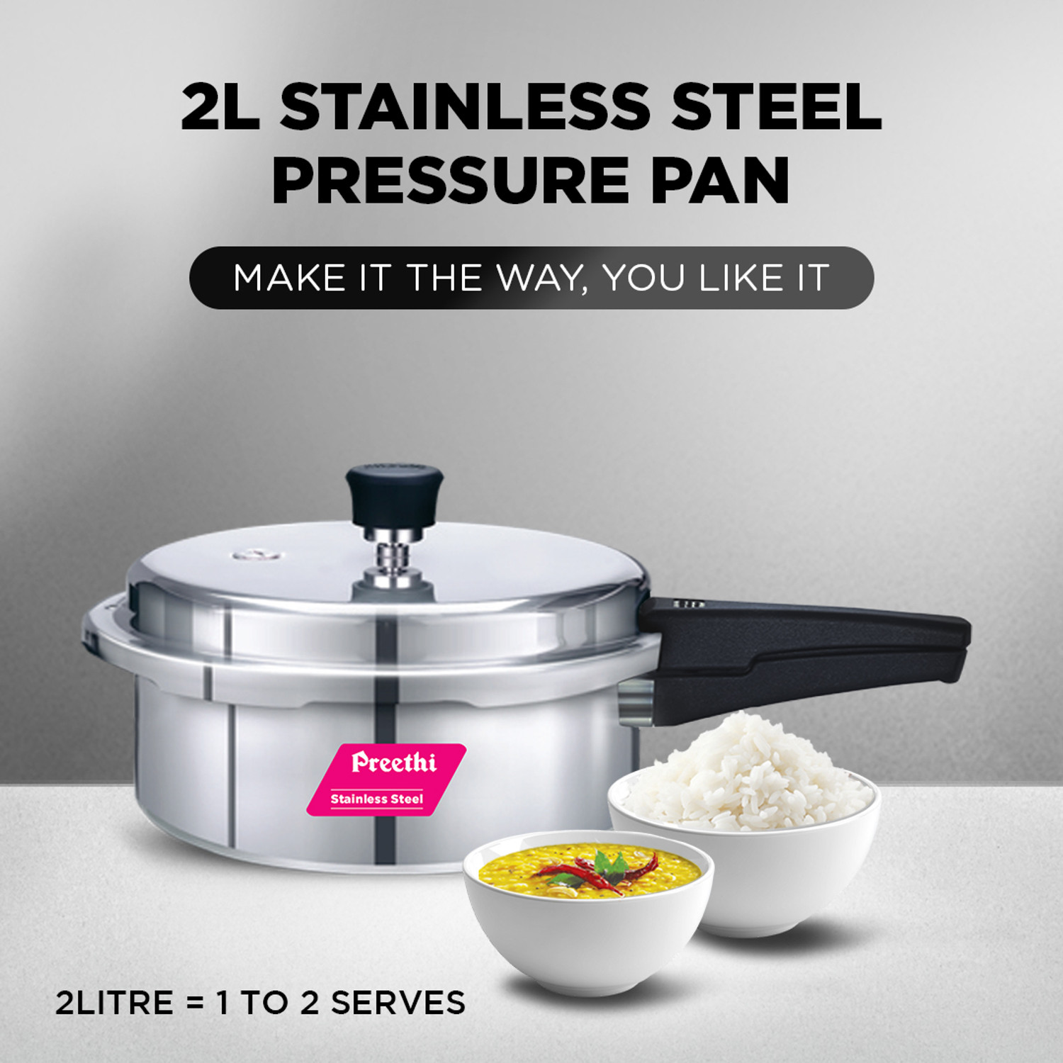 Image of Preethi 2L Stainless Steel Outerlid Pressure Cooker (PC 010) 2 L Outer Lid Induction Bottom Pressure Cooker