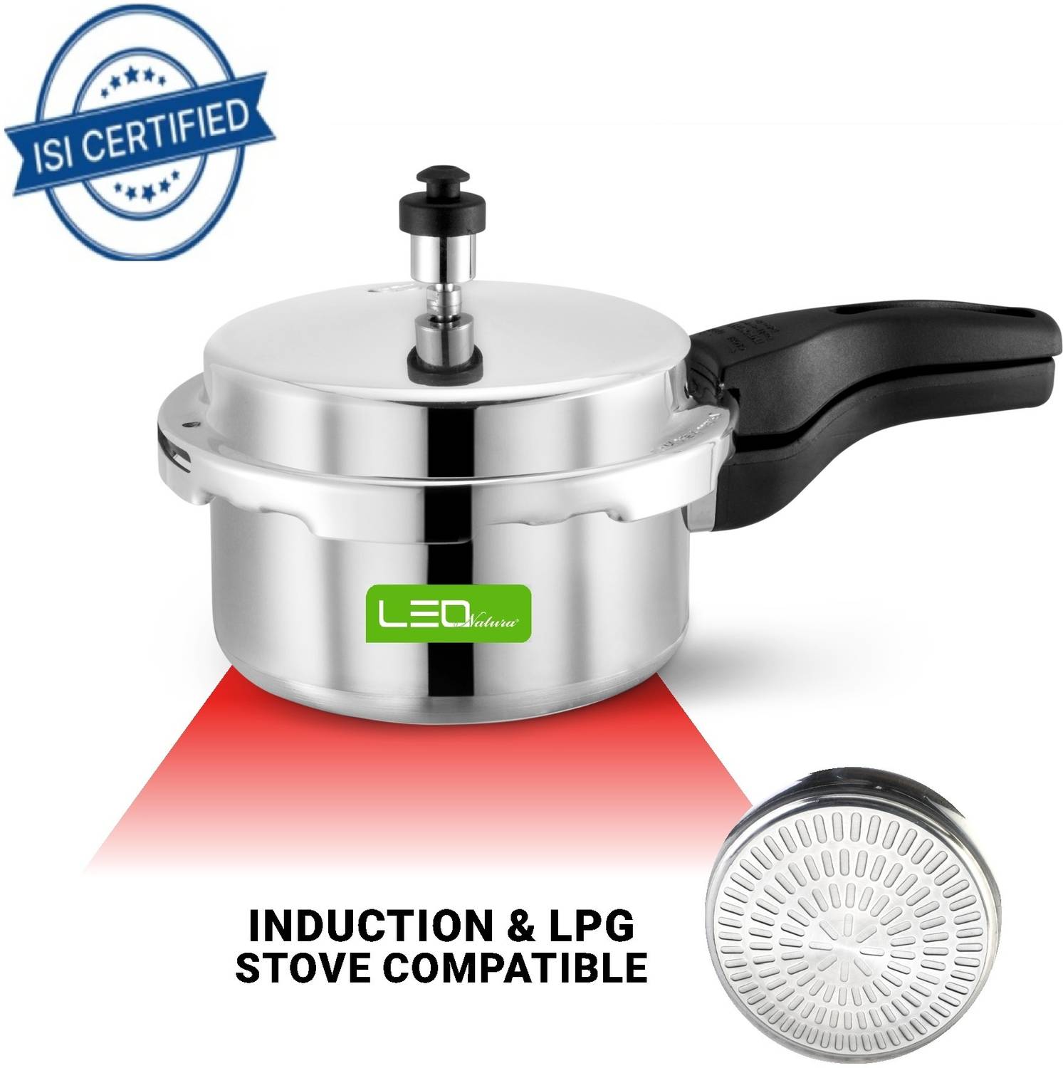 Leo Natura Aluminium Gas Stove & Induction Compatible ISI Certified OuterLid Compact Cooker 2 L Outer Lid Induction Bottom Pressure Cooker & Pressure Pan